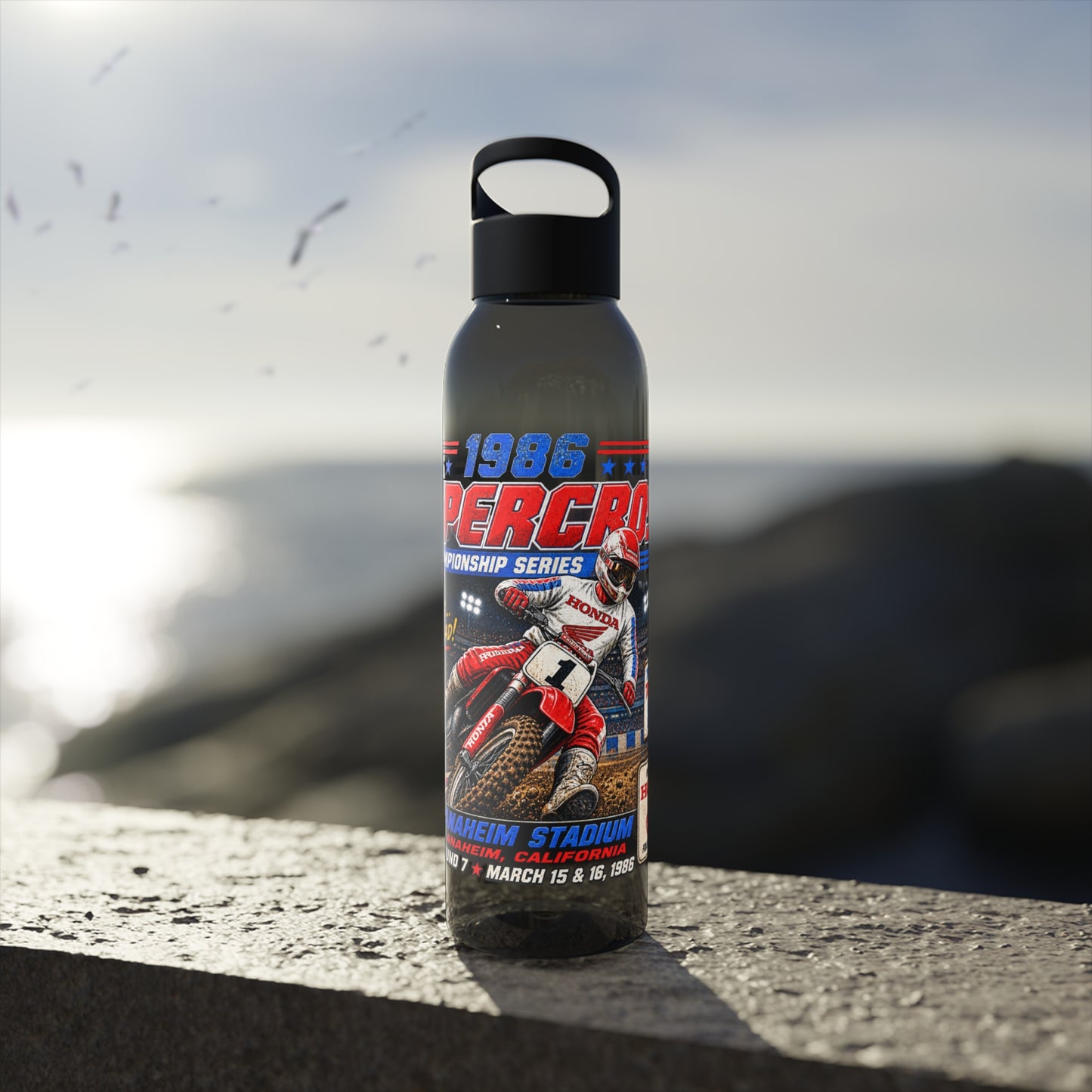 Supercross 1986 Moto Racing Water Bottle  Retro Motocross Champion Design