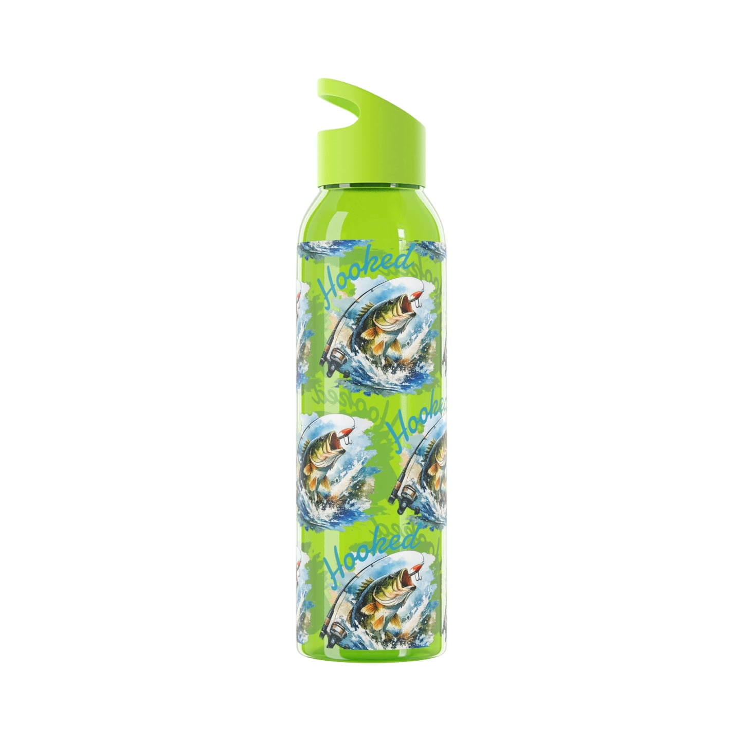 Bouteille d'eau graphique de pêche, poisson accroché, éclaboussures, bouteille de boisson