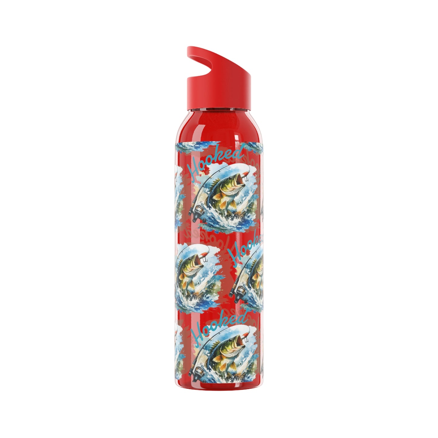 Bouteille d'eau graphique de pêche, poisson accroché, éclaboussures, bouteille de boisson