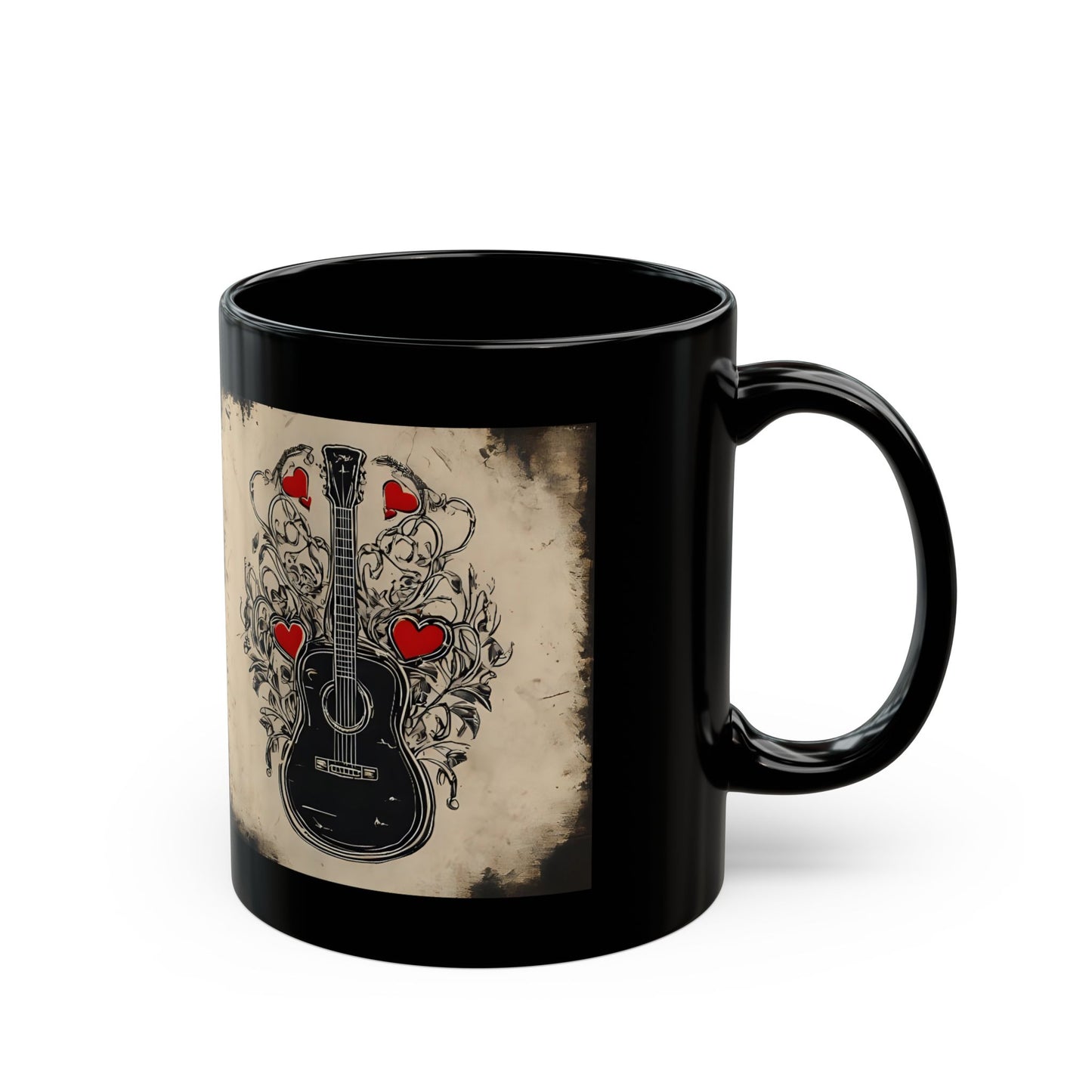 Mug Guitare en acier et cordes sensibles Cœur Thème Country Tasse noire 11oz