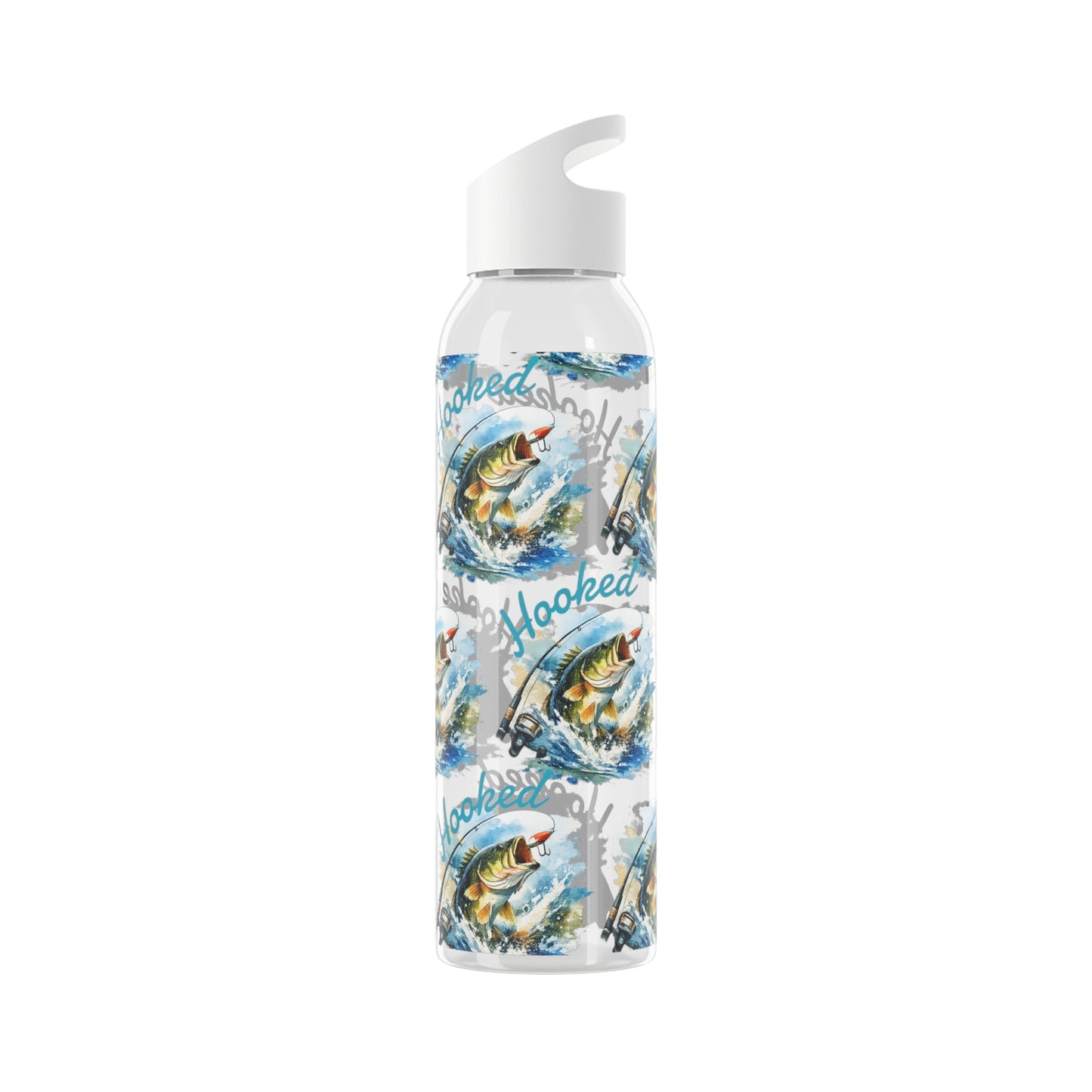 Bouteille d'eau graphique de pêche, poisson accroché, éclaboussures, bouteille de boisson