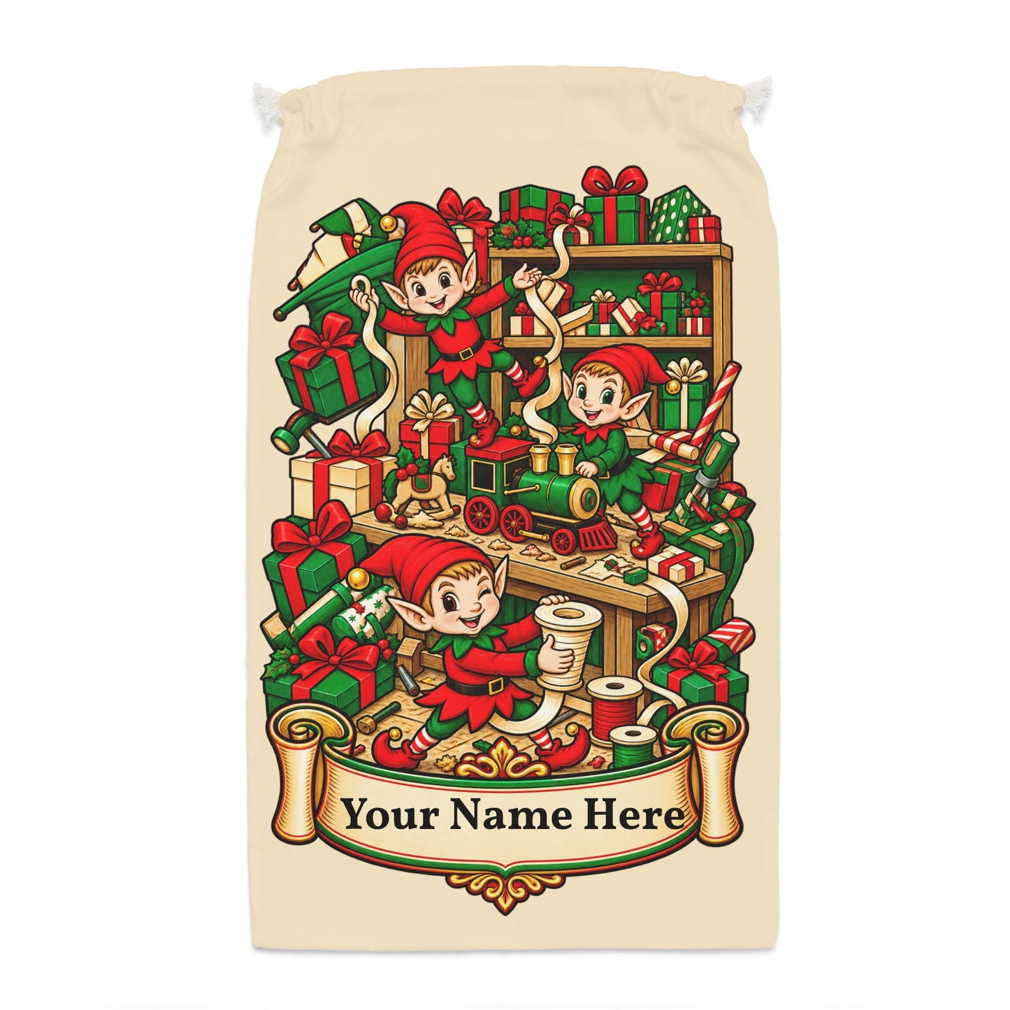 Personalised Christmas Elves Gift Sack – Santa’s Workshop Christmas Sack