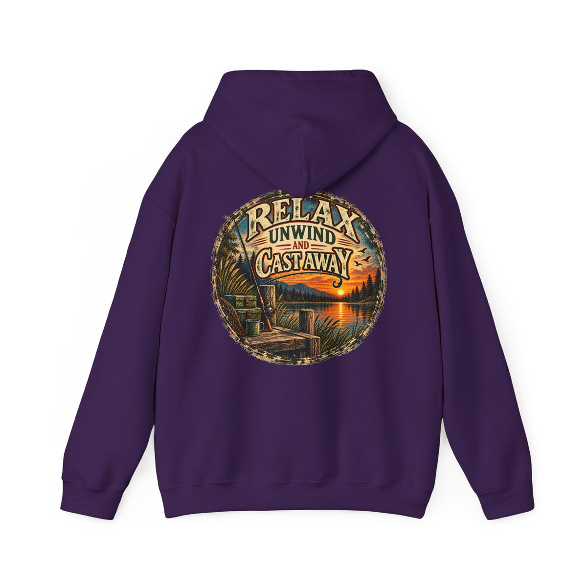 Relax, Unwind & Cast Away Back Print Hoodie – Vintage Fishing Hoodie
