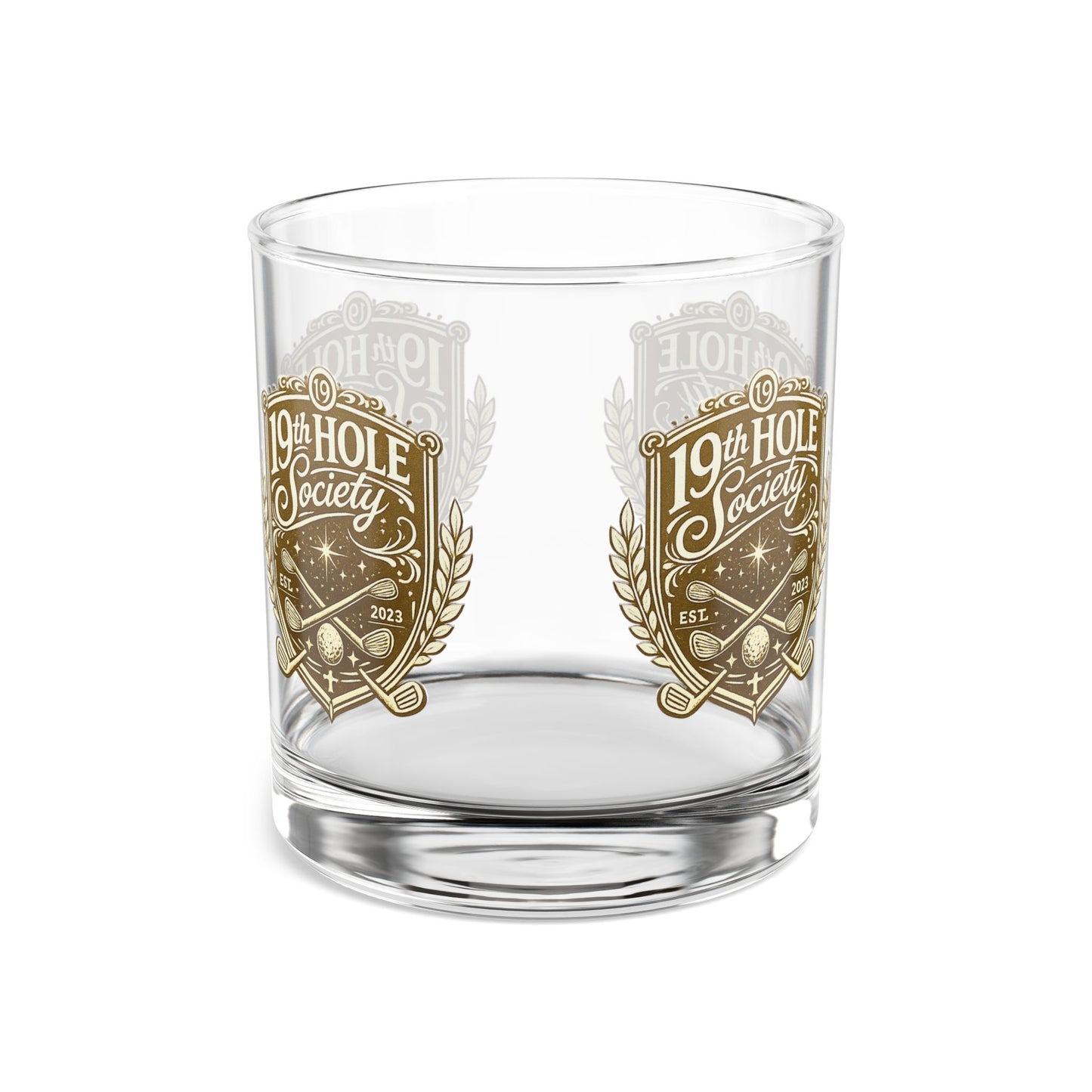 19th Hole Society Golf Glass Tumbler | Premium Golf Whiskey Glass | Repeating Crest Design