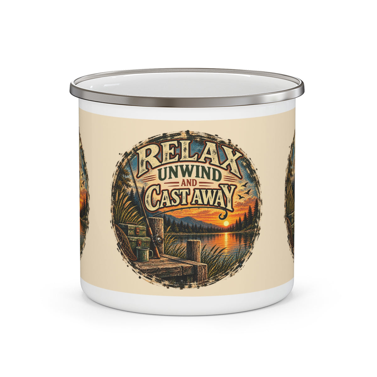 Relax, Unwind & Cast Away Enamel Mug – Vintage Fishing Mug