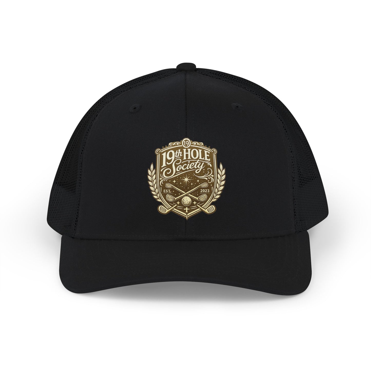 19th Hole Society Trucker Cap | Premium Golf Snapback Hat | Bronze Crest Design