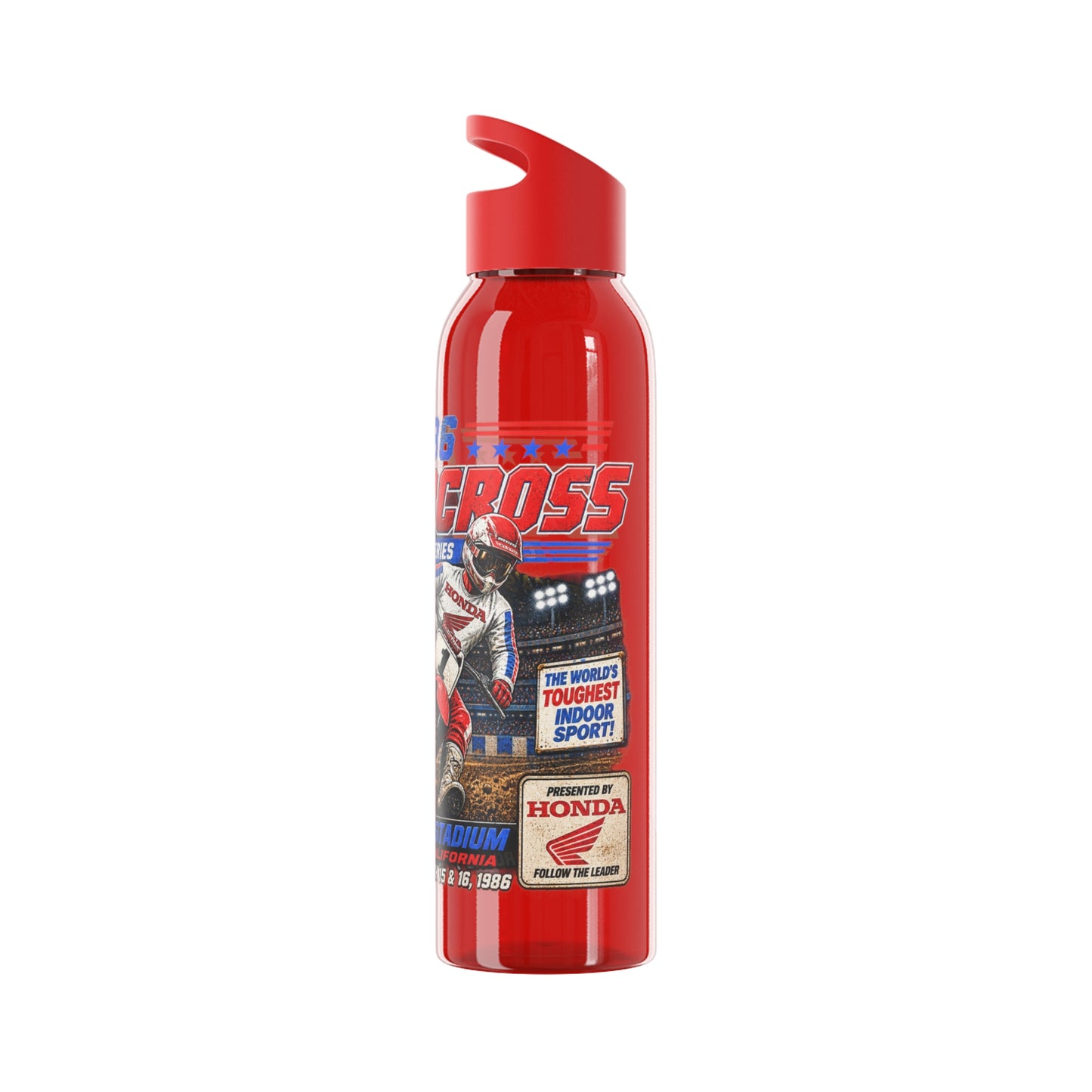 Supercross 1986 Moto Racing Water Bottle  Retro Motocross Champion Design