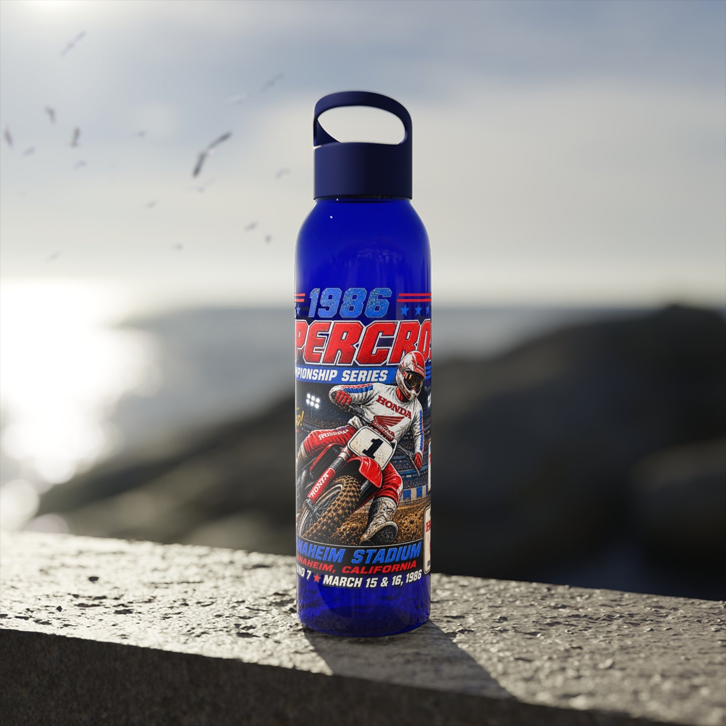 Supercross 1986 Moto Racing Water Bottle  Retro Motocross Champion Design