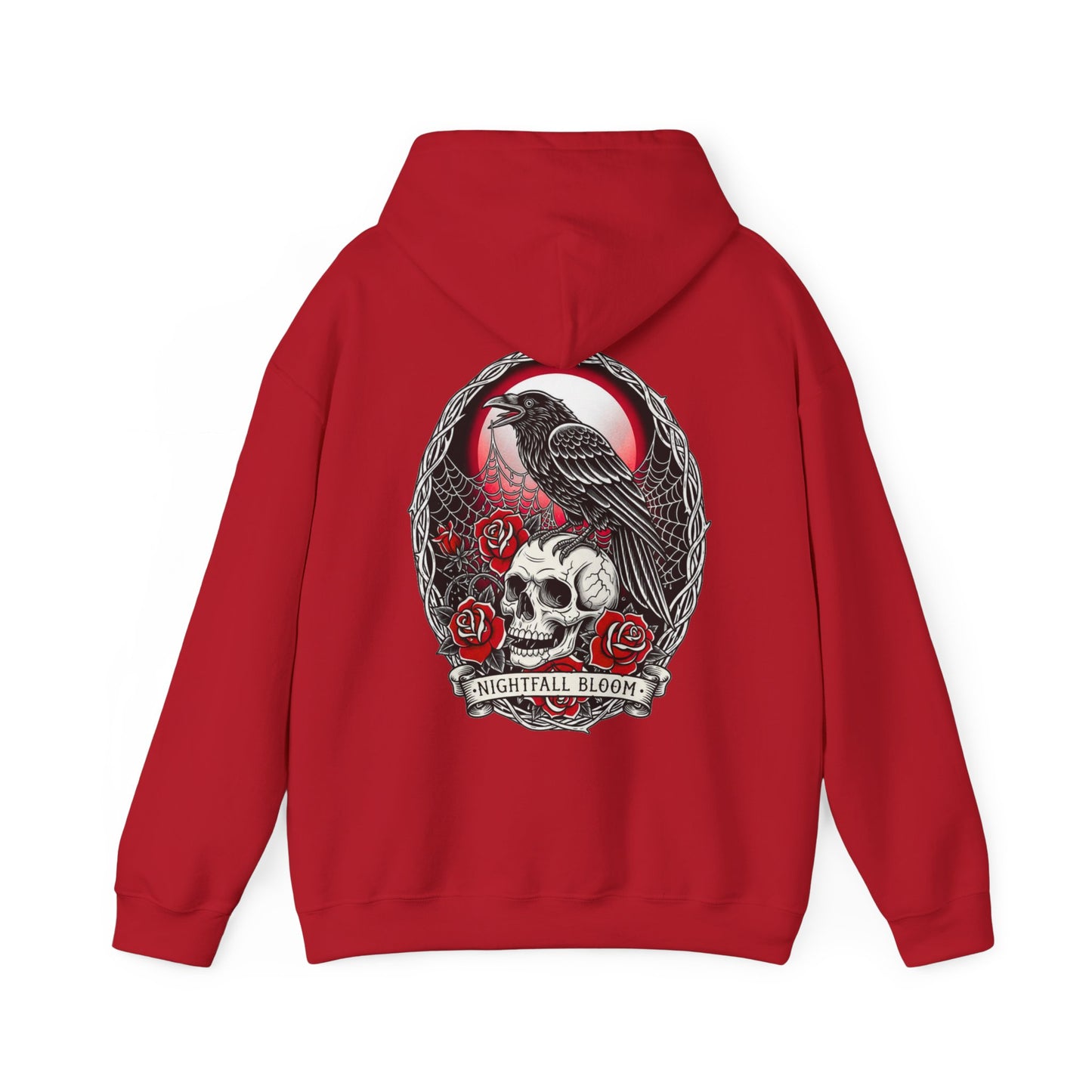 Nightfall Bloom Gothic Hoodie – Raven, Skull & Red Rose Halloween Hoodie