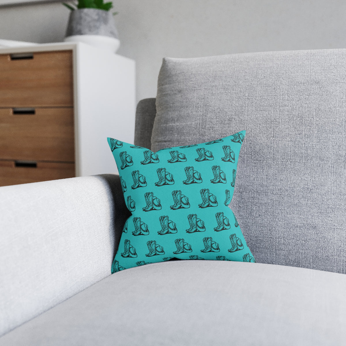 Teal Cowboy Boot Pattern Square Pillow — Western Accent Throw Pillow