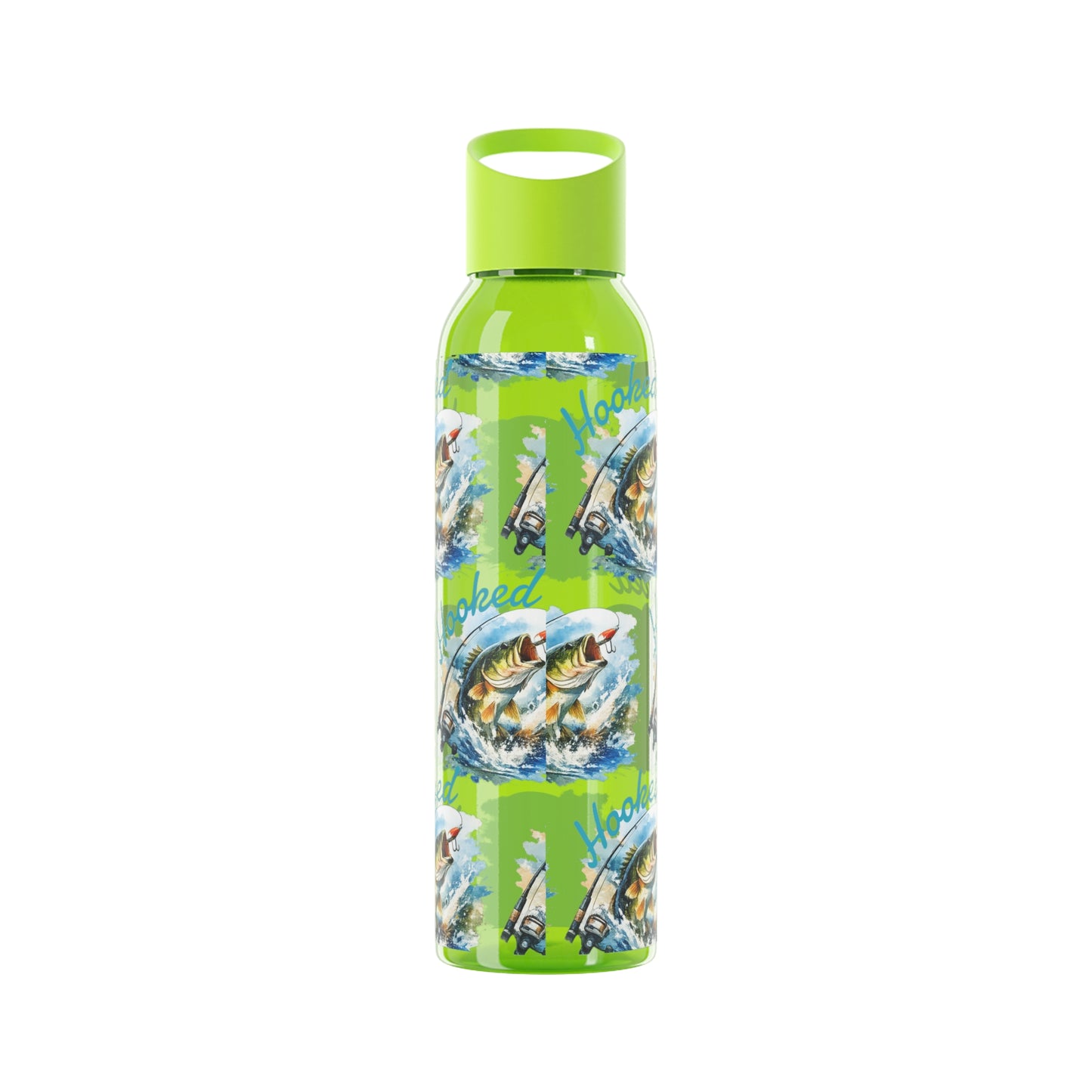 Bouteille d'eau graphique de pêche, poisson accroché, éclaboussures, bouteille de boisson