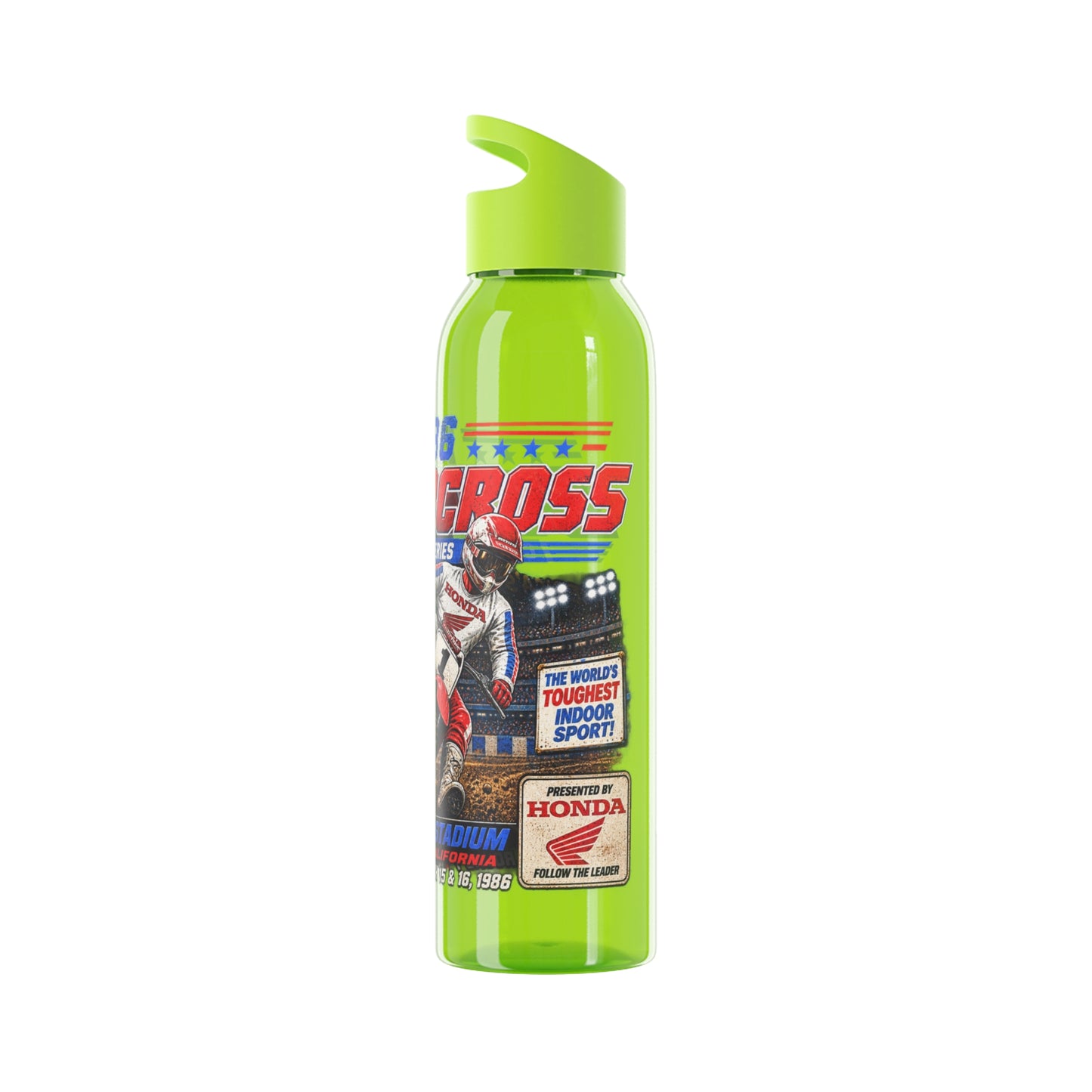 Supercross 1986 Moto Racing Water Bottle  Retro Motocross Champion Design