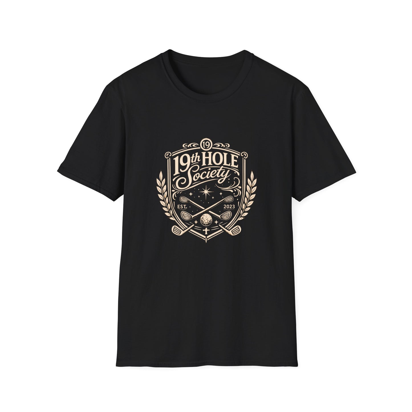 19th Hole Society Golf T-Shirt | Vintage Crest Front Print Tee | Premium Golf Apparel