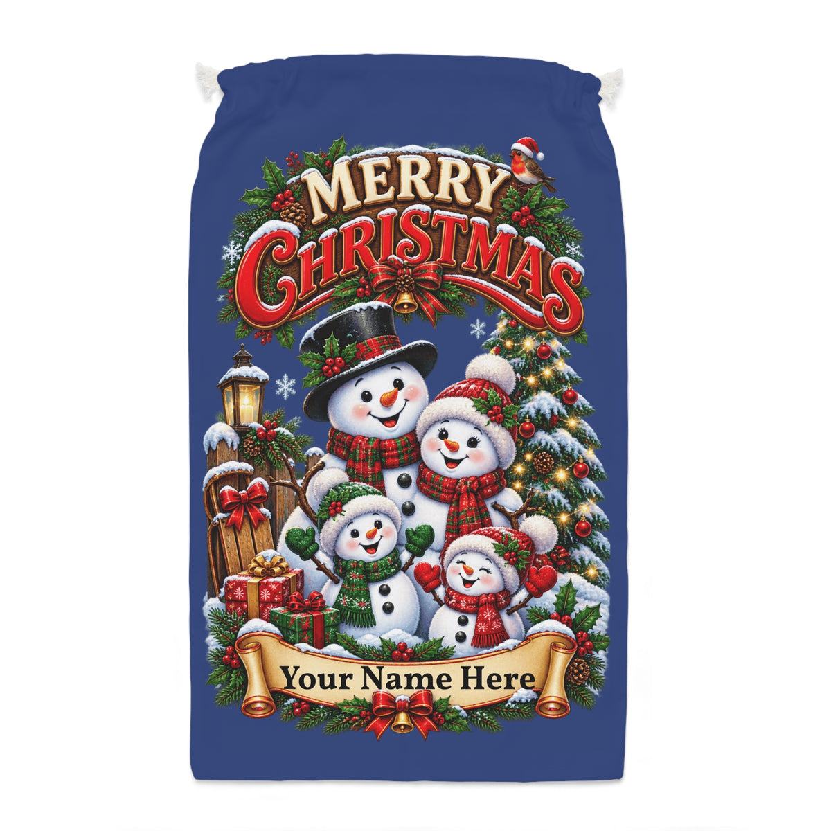 Personalised Snowman Family Christmas Sack – Blue Christmas Gift Sack