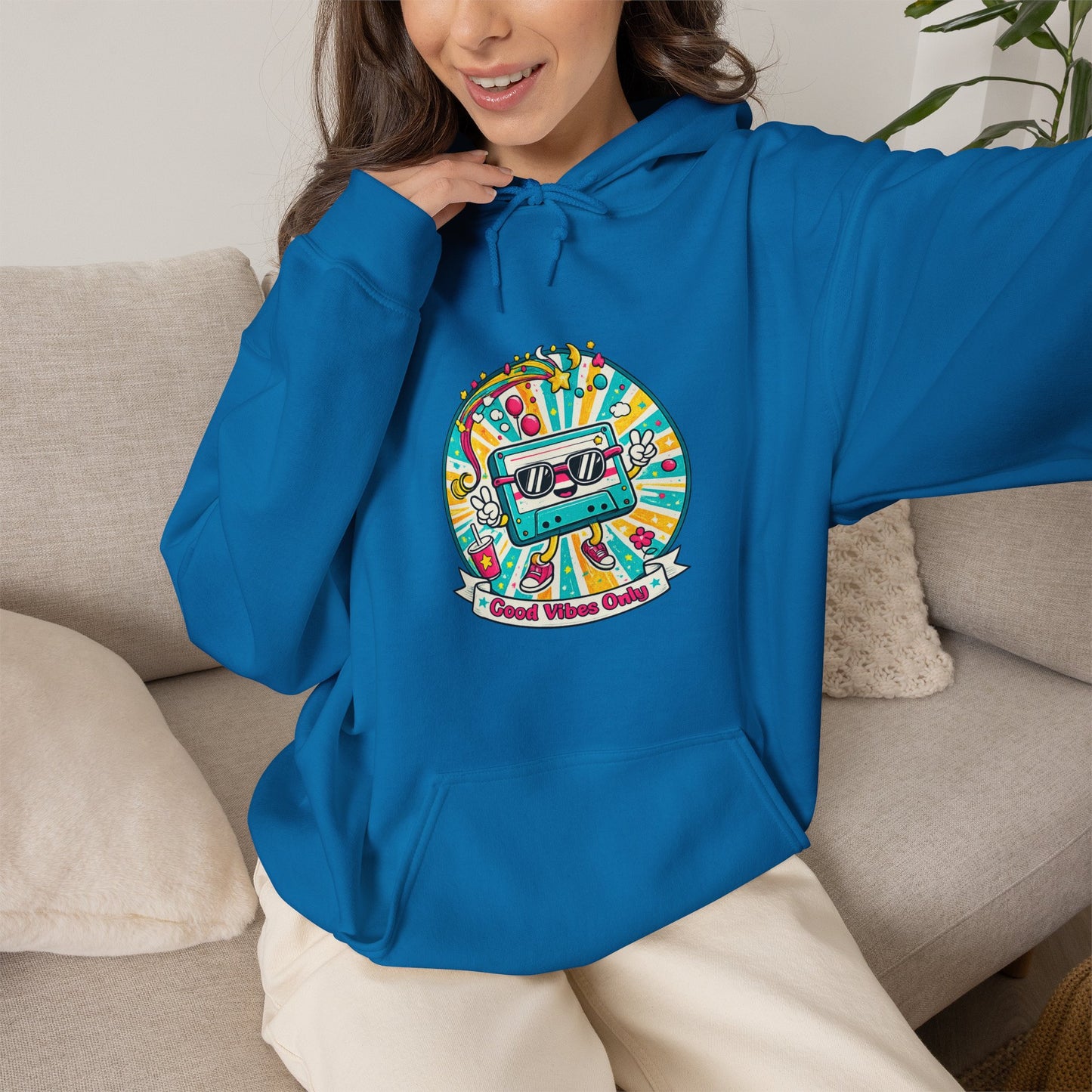 Retro Good Vibes Only Hoodie  Colourful Retro Cassette Hoodie  80s and 90s Inspired Unisex Hooded Sweatshirt