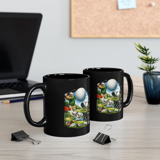 Golf Scene Black Ceramic Mug     11oz Mug with Golf Themed Artwork