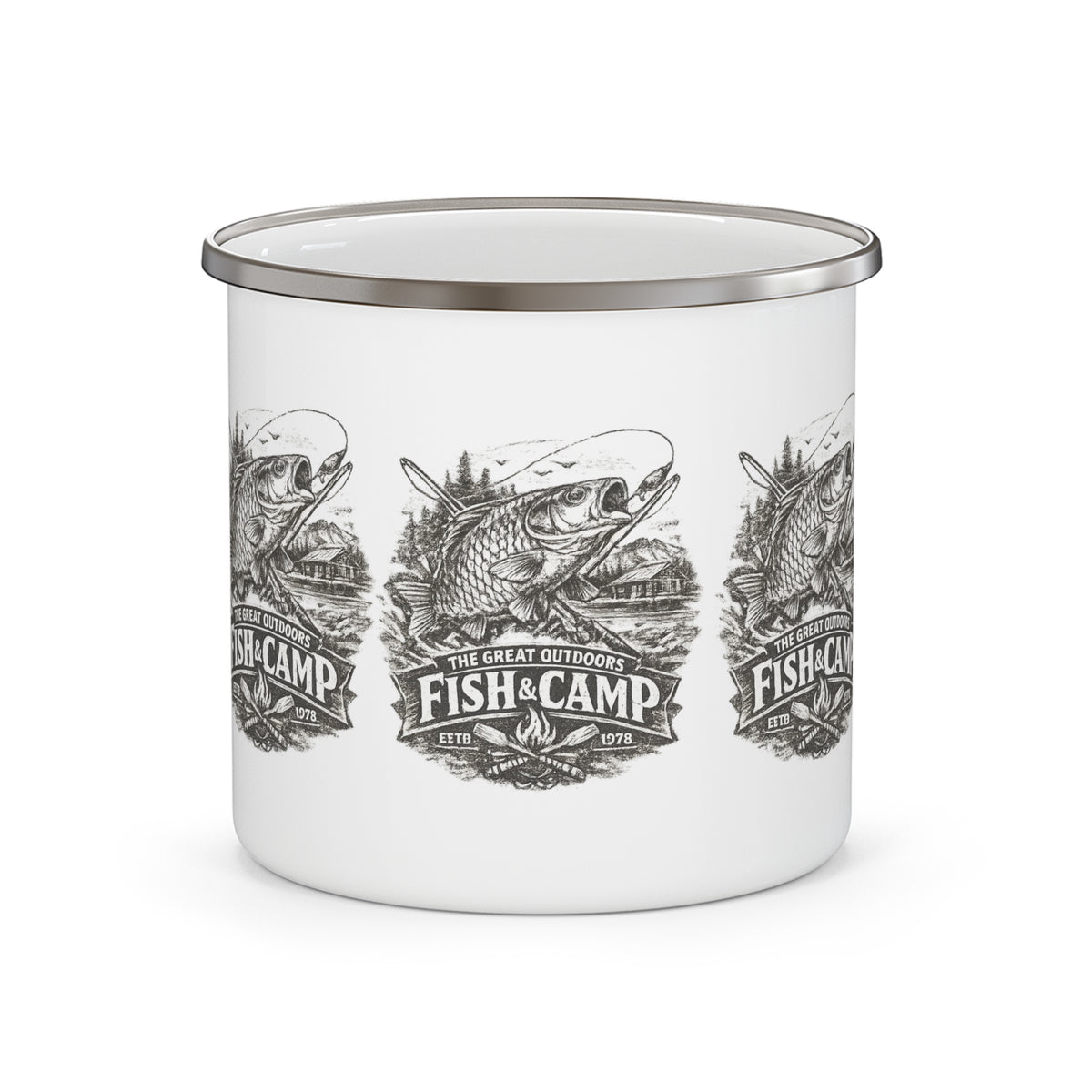 Tasse émaillée de pêche vintage Fish Camp