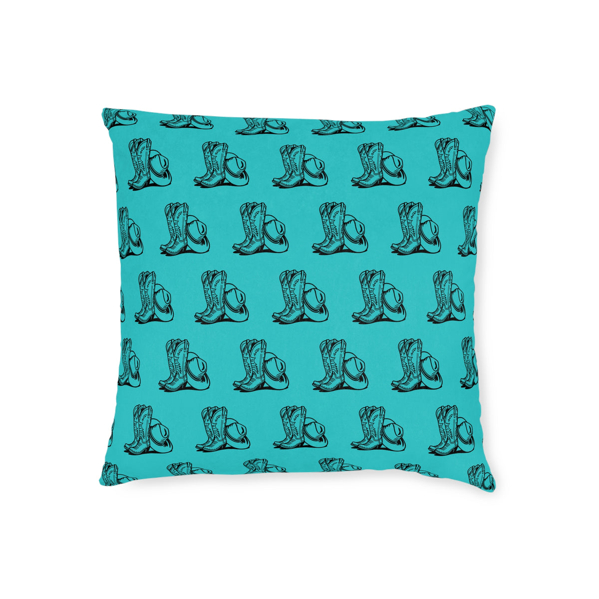 Teal Cowboy Boot Pattern Square Pillow — Western Accent Throw Pillow