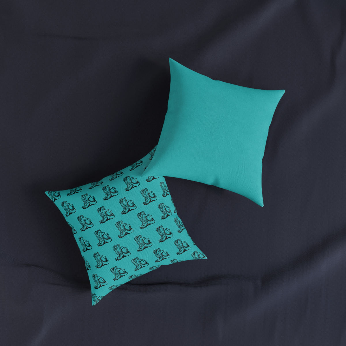 Teal Cowboy Boot Pattern Square Pillow — Western Accent Throw Pillow