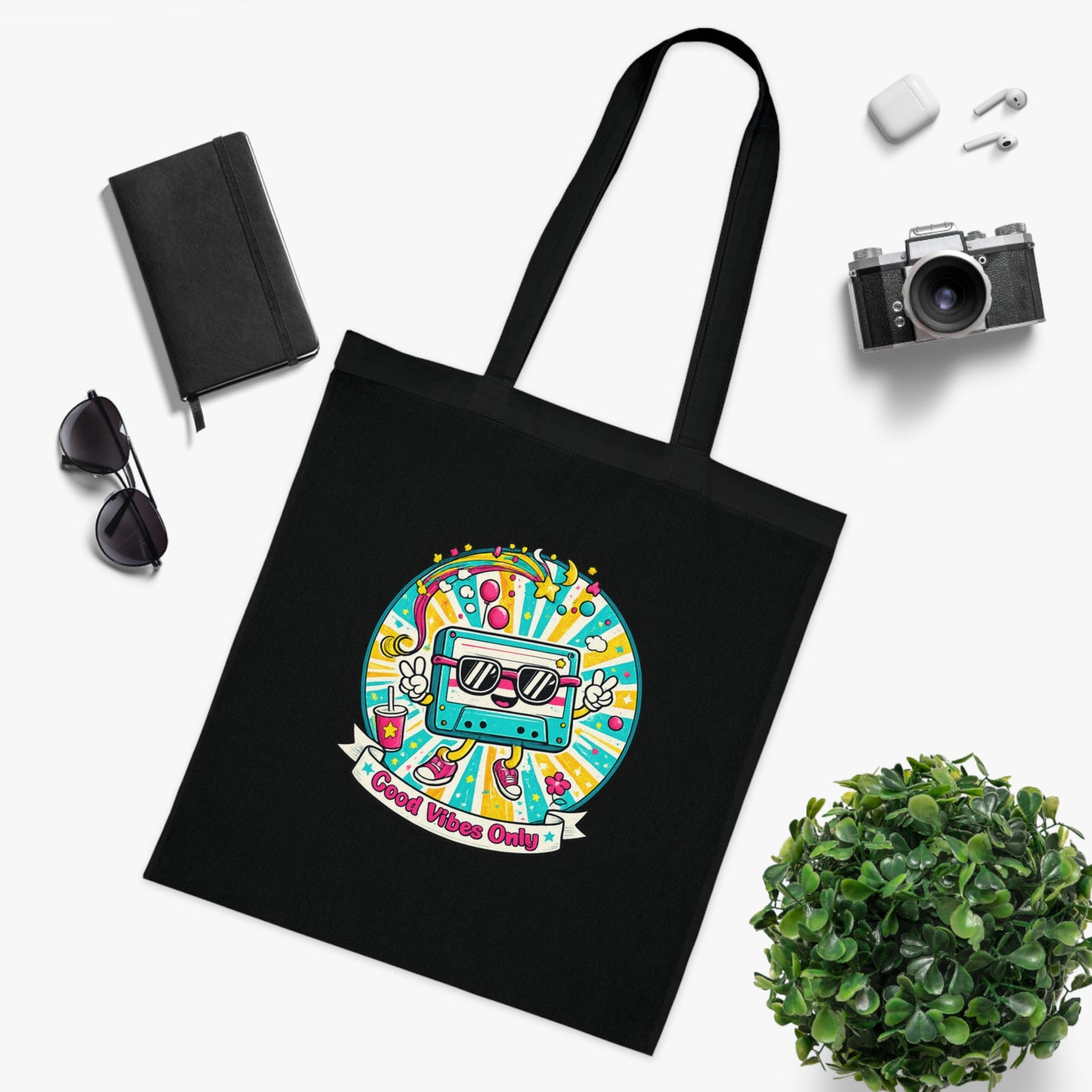 Retro Good Vibes Only Tote Bag | Colourful Cotton Shopping Bag | Reusable Retro Tote | 80s and  90s Inspired Gift