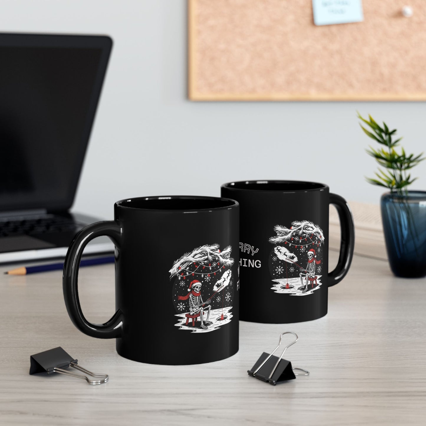 Merry Fishing Christmas Mug – Skeleton Fisherman Black Mug