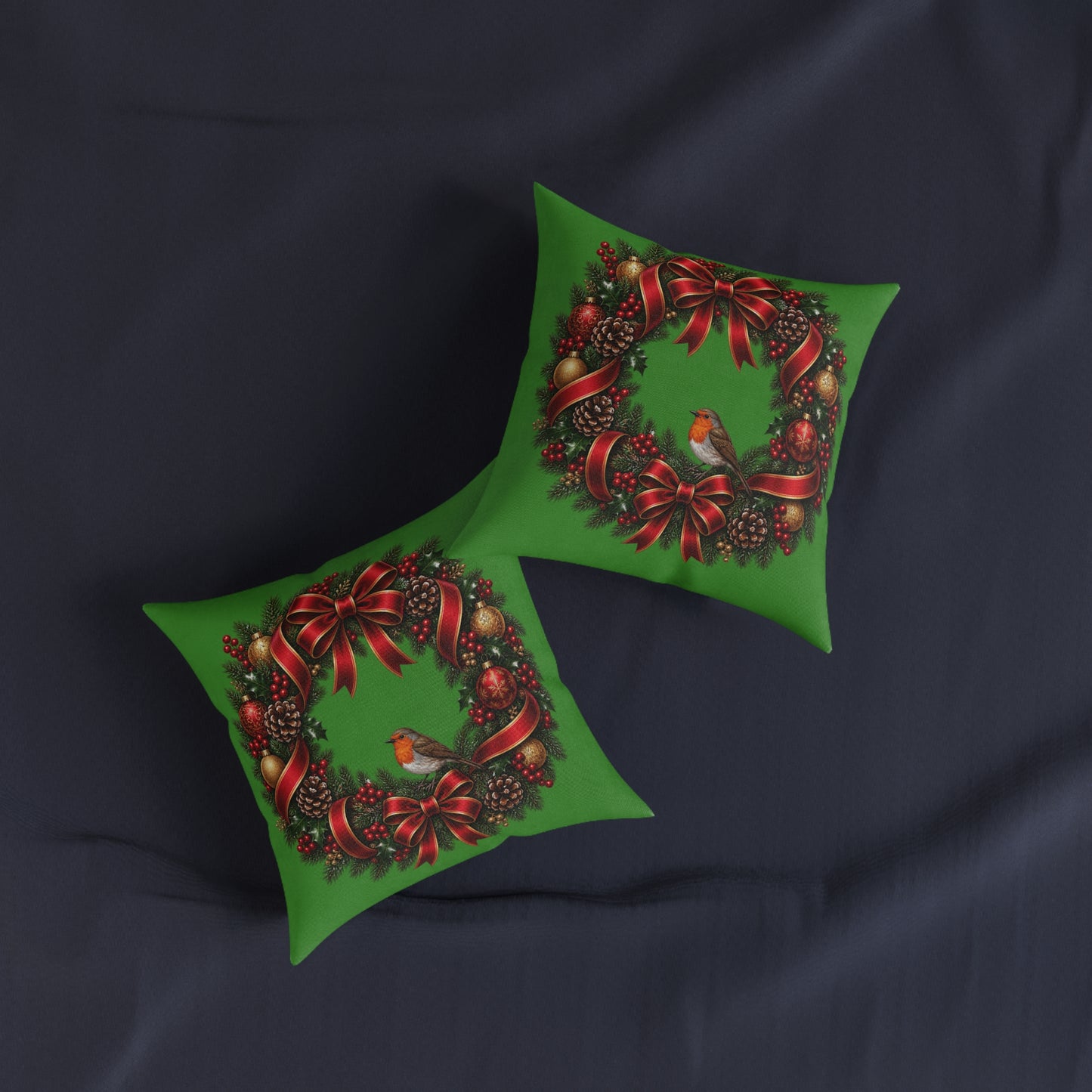 Christmas Wreath & Robin Faux Suede Cushion – Festive Christmas Cushion