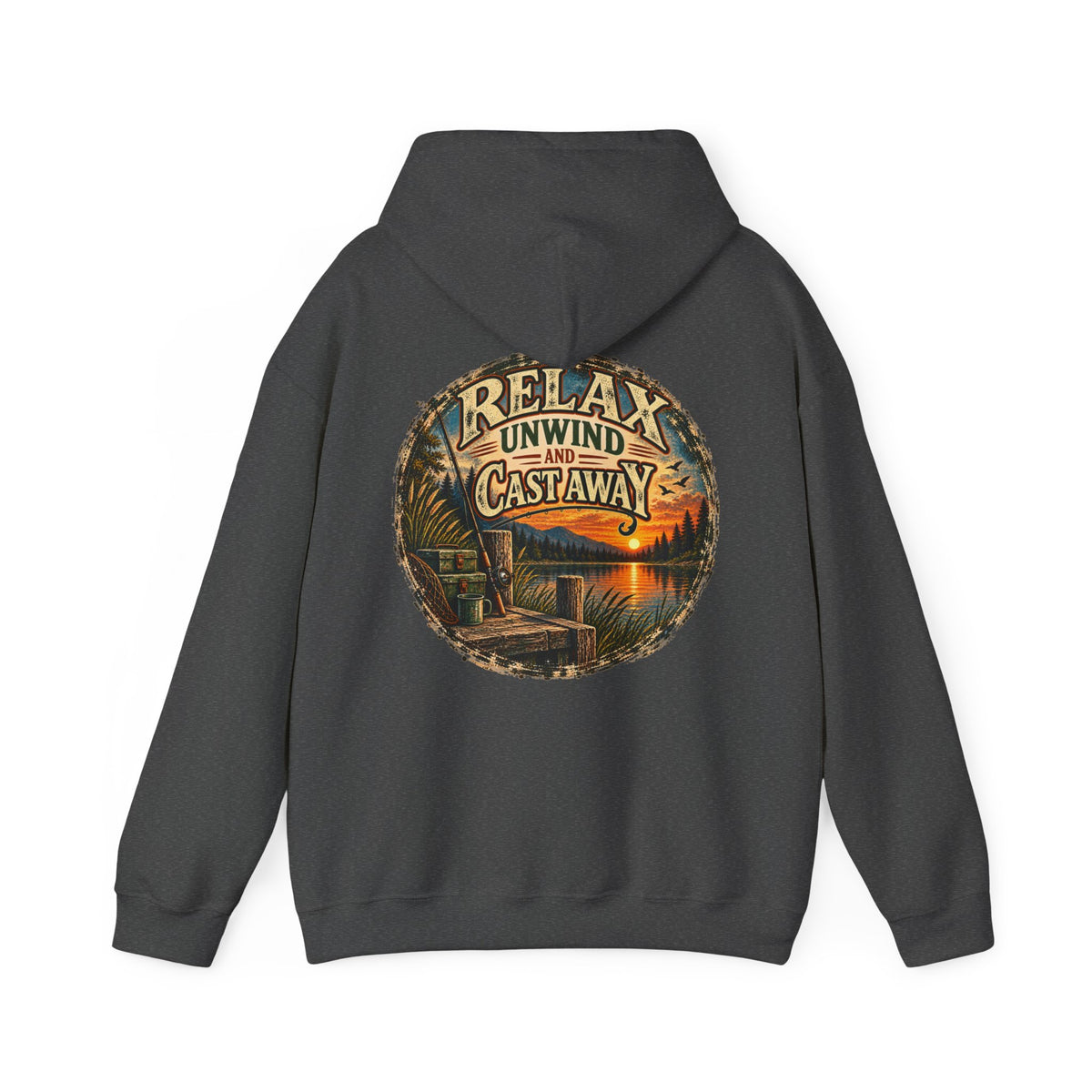 Relax, Unwind & Cast Away Back Print Hoodie – Vintage Fishing Hoodie