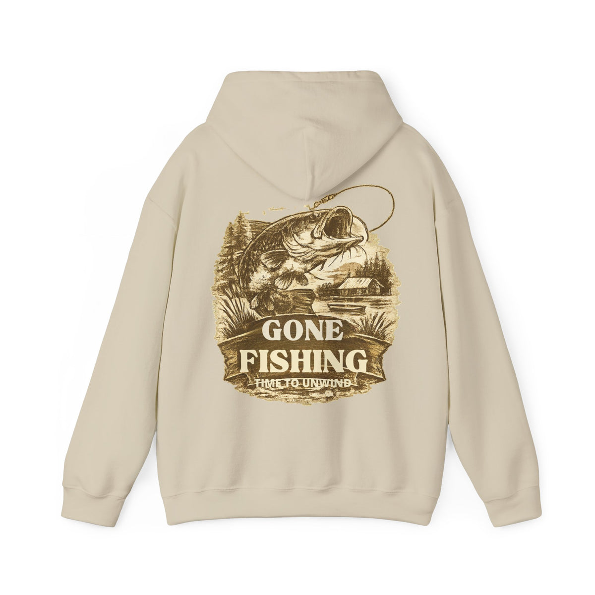 Gone Fishing Hoodie – Vintage Sepia Back Print Fishing Hoodie