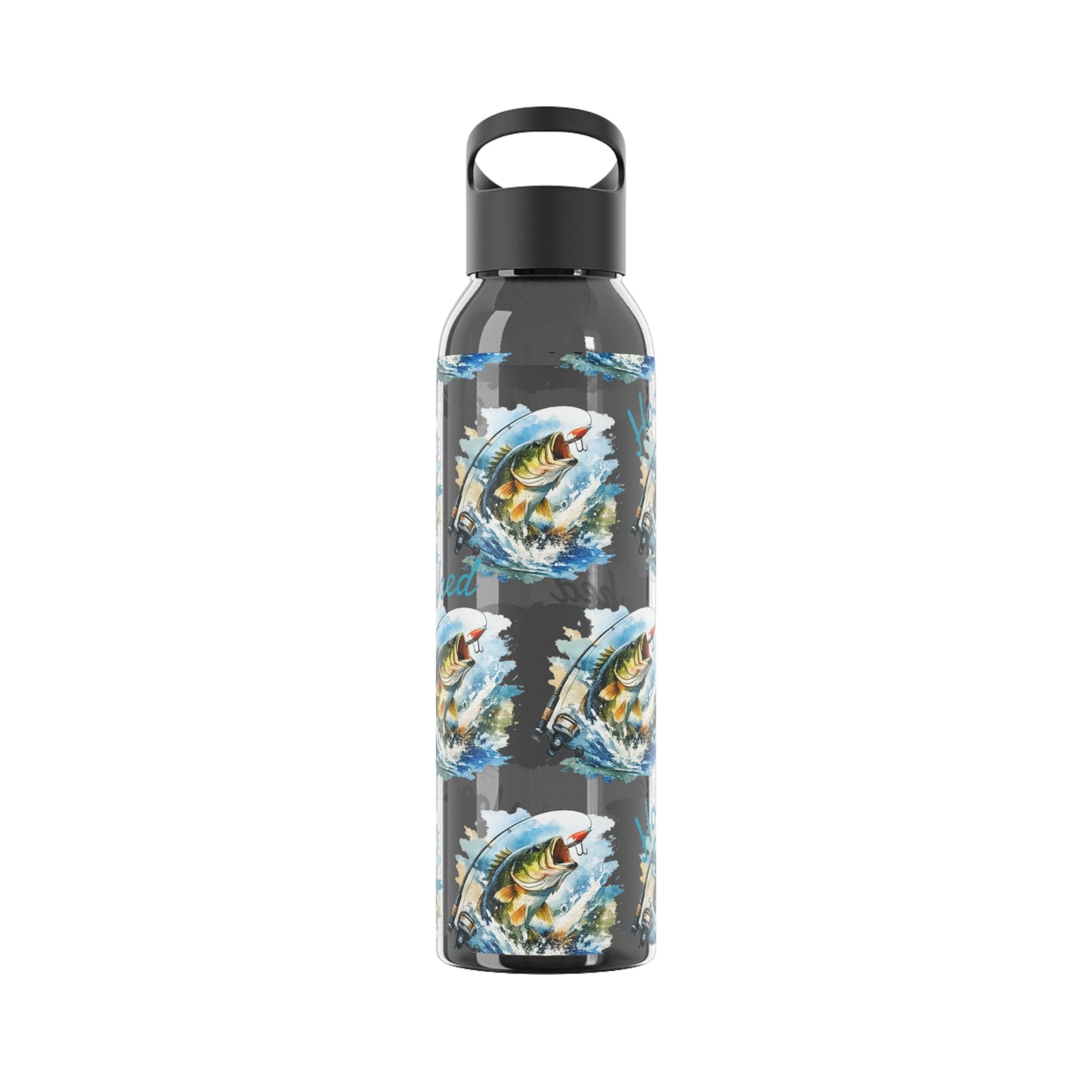 Bouteille d'eau graphique de pêche, poisson accroché, éclaboussures, bouteille de boisson