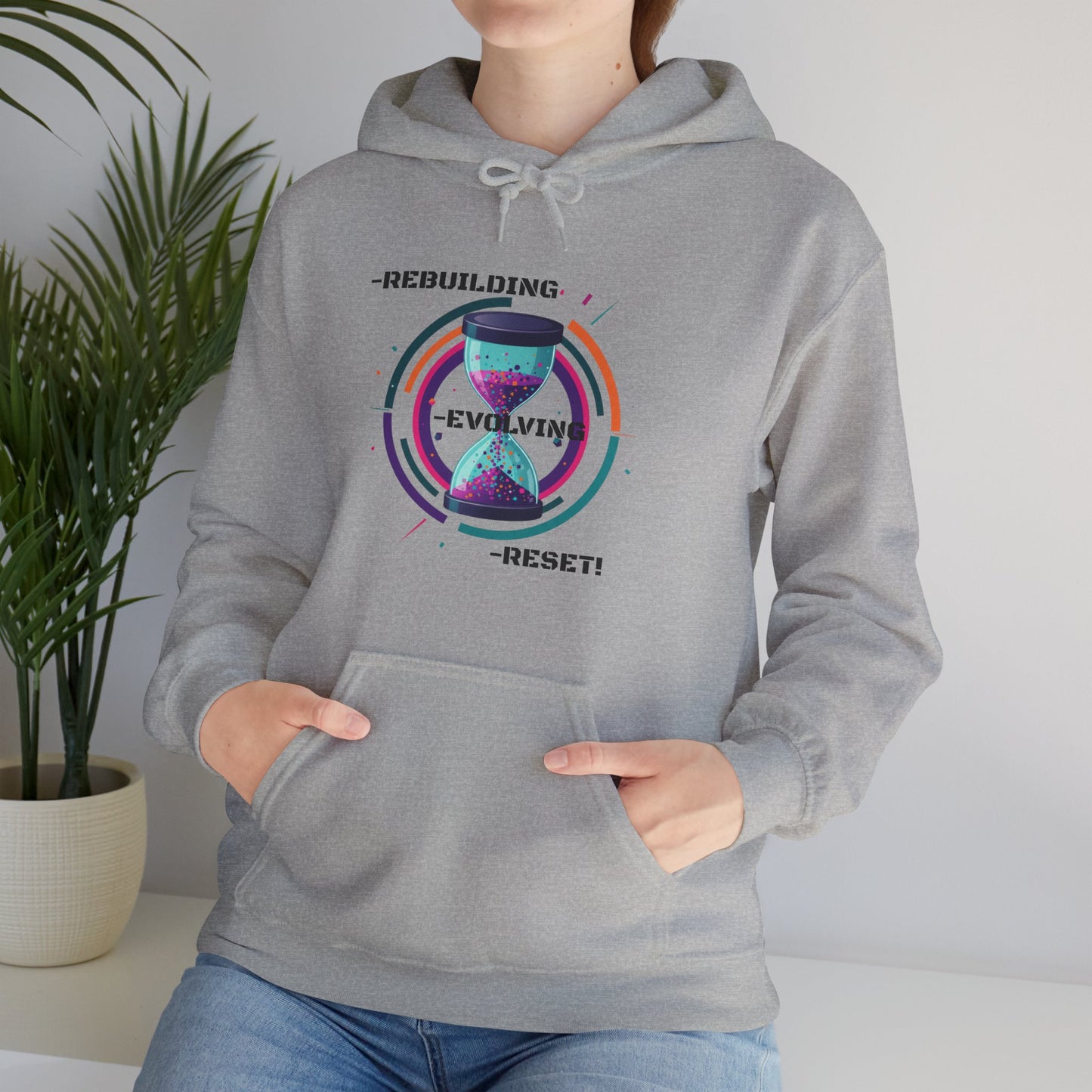Sweat à capuche graphique inspirant : Reconstruire, Évoluer, Réinitialiser