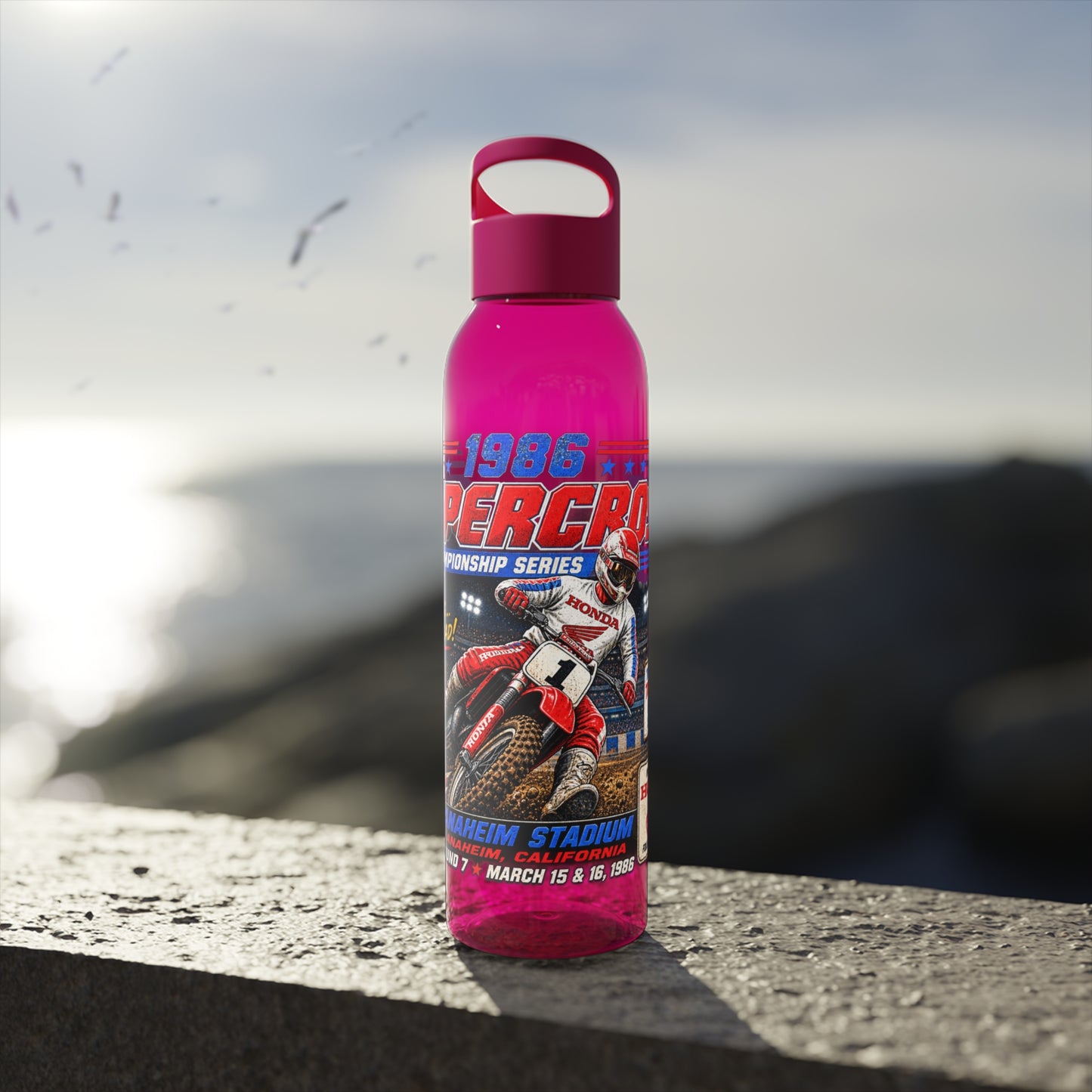 Supercross 1986 Moto Racing Water Bottle  Retro Motocross Champion Design