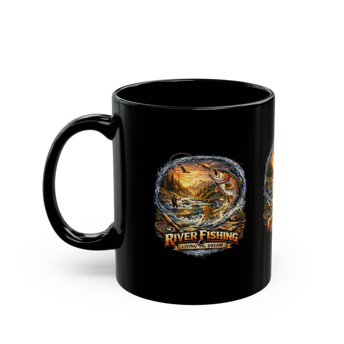 Keramiktasse Angeln am Fluss Lebe den Traum Kaffeetasse Schwarz (325 ml)