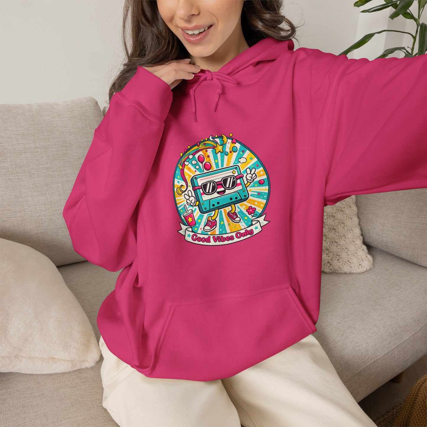 Retro Good Vibes Only Hoodie  Colourful Retro Cassette Hoodie  80s and 90s Inspired Unisex Hooded Sweatshirt