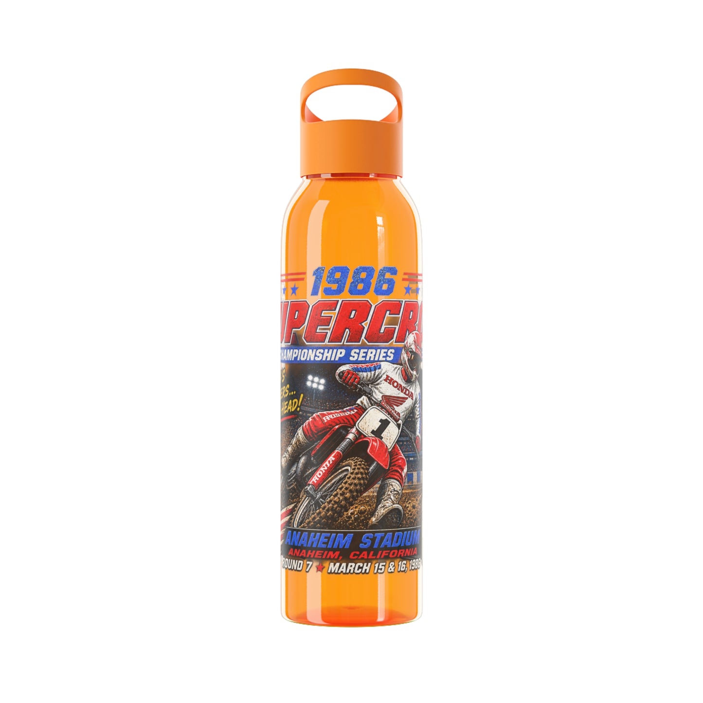 Supercross 1986 Moto Racing Water Bottle  Retro Motocross Champion Design