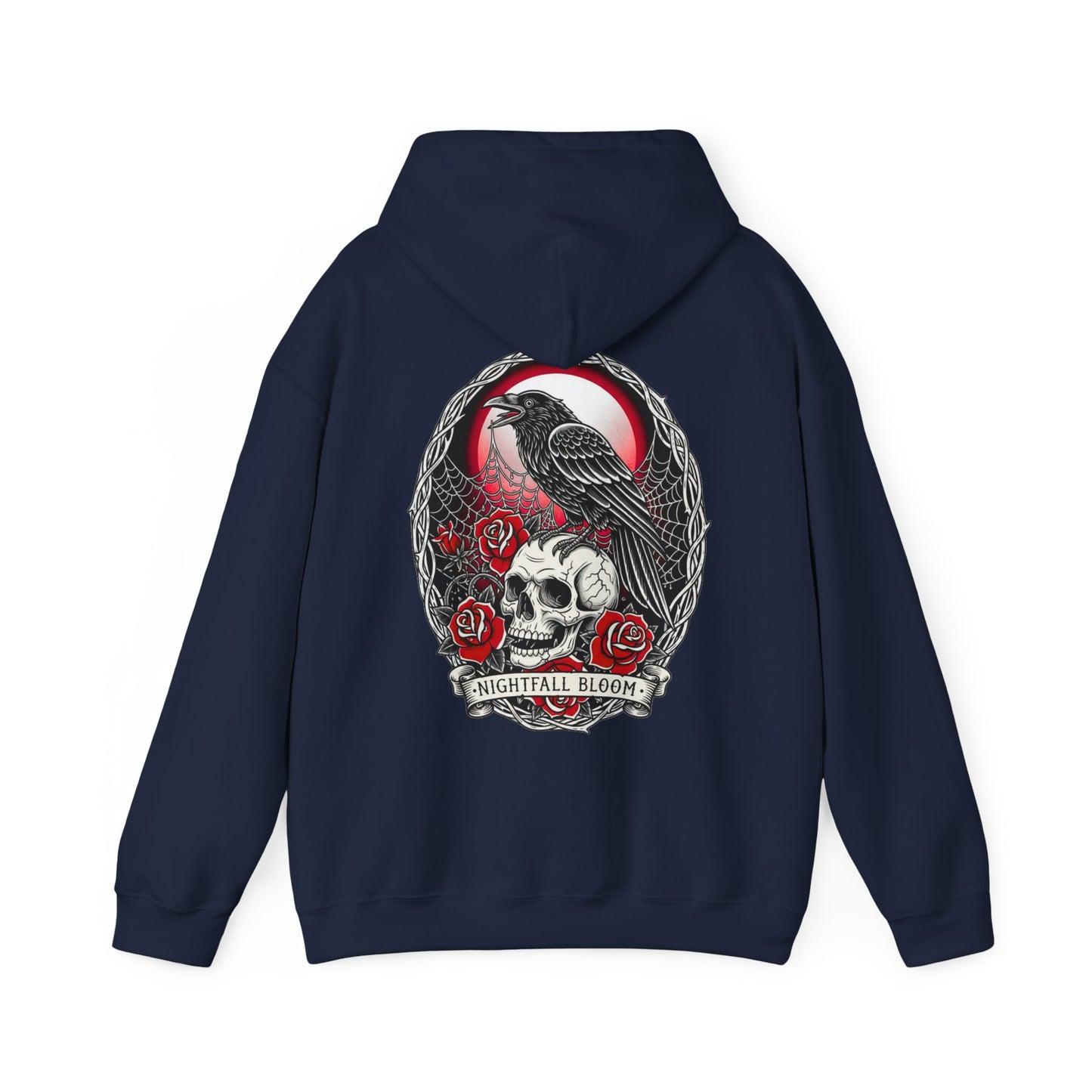 Nightfall Bloom Gothic Hoodie – Raven, Skull & Red Rose Halloween Hoodie