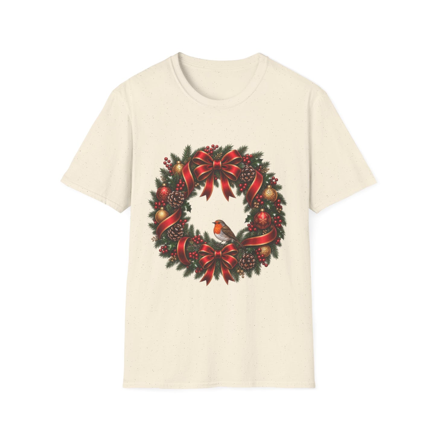 Christmas Wreath & Robin T-Shirt – Festive Botanical Tee