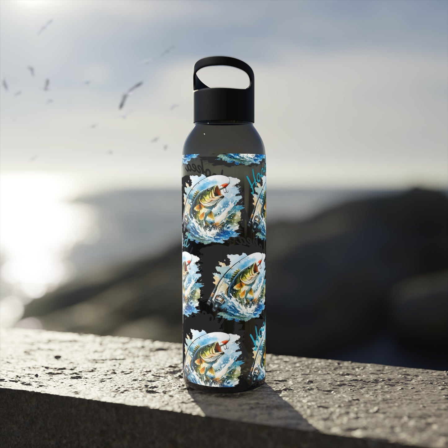 Bouteille d'eau graphique de pêche, poisson accroché, éclaboussures, bouteille de boisson