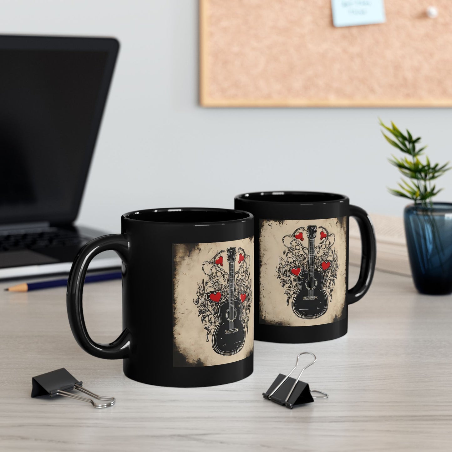 Mug Guitare en acier et cordes sensibles Cœur Thème Country Tasse noire 11oz