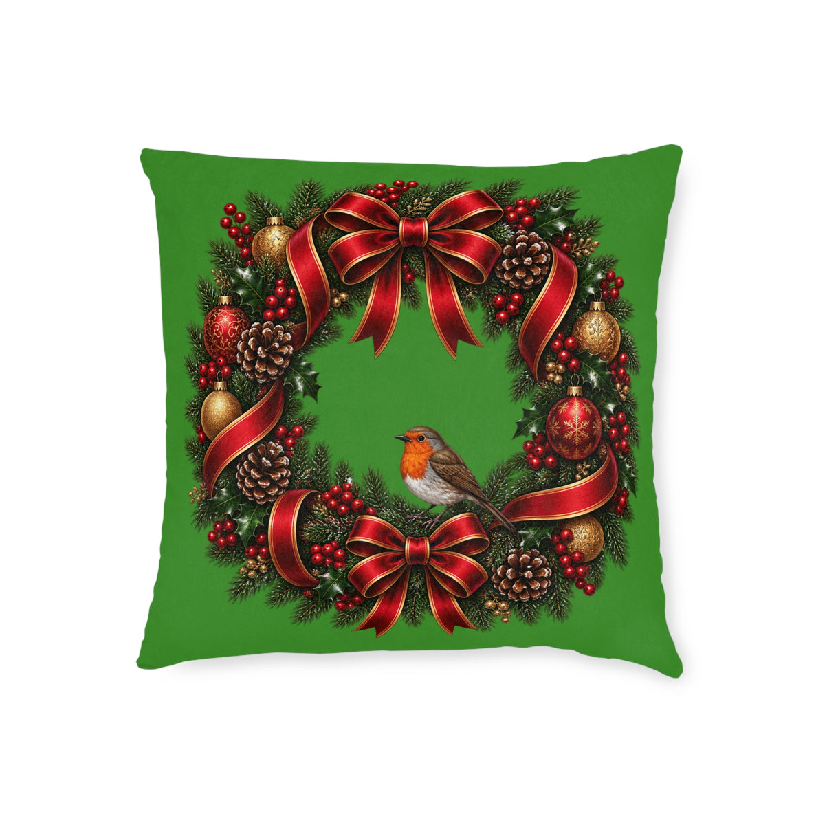 Christmas Wreath & Robin Faux Suede Cushion – Festive Christmas Cushion