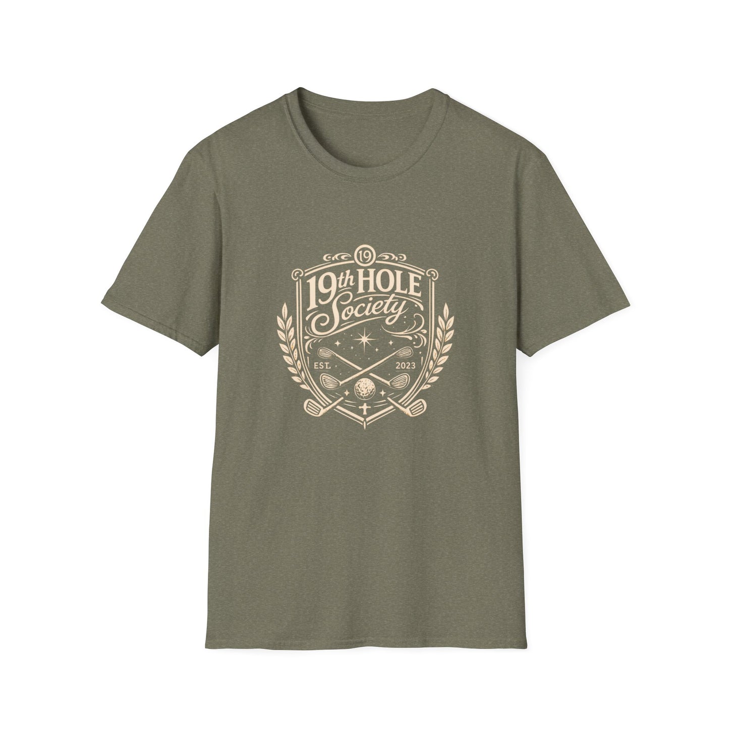 19th Hole Society Golf T-Shirt | Vintage Crest Front Print Tee | Premium Golf Apparel