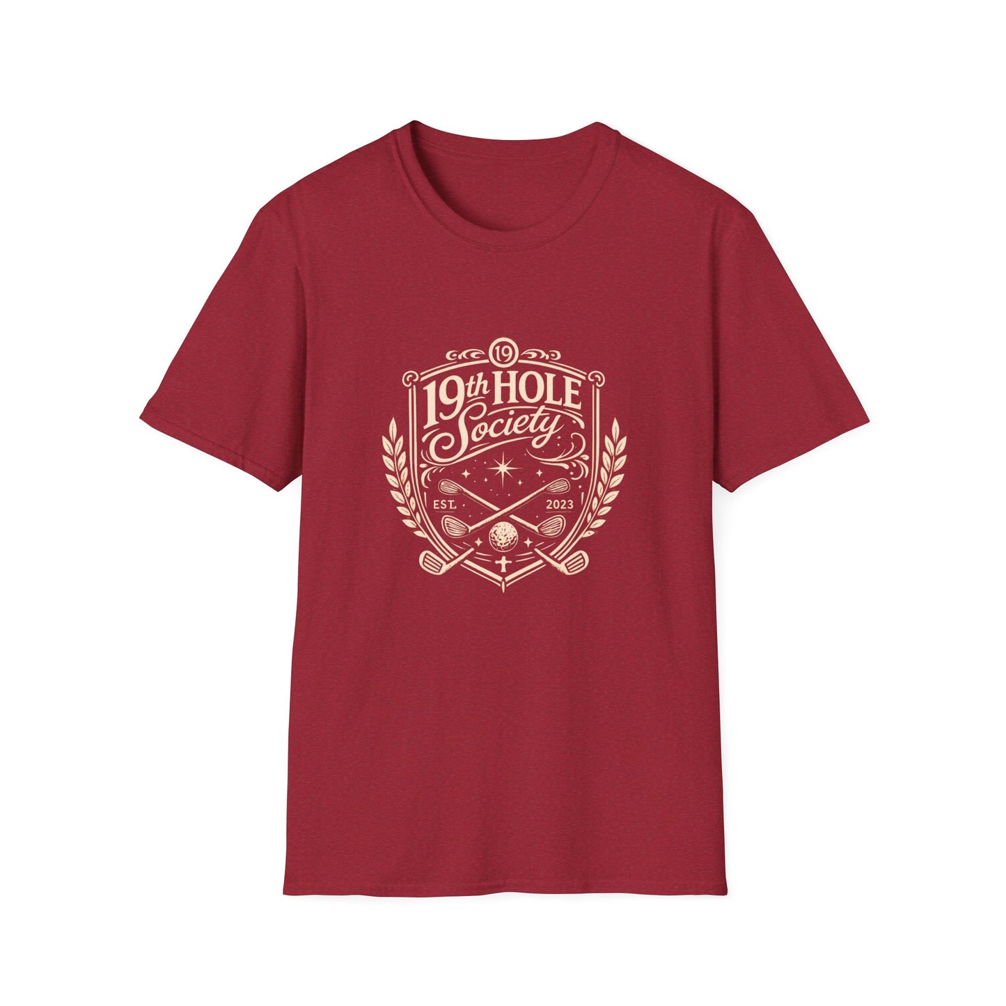 19th Hole Society Golf T-Shirt | Vintage Crest Front Print Tee | Premium Golf Apparel