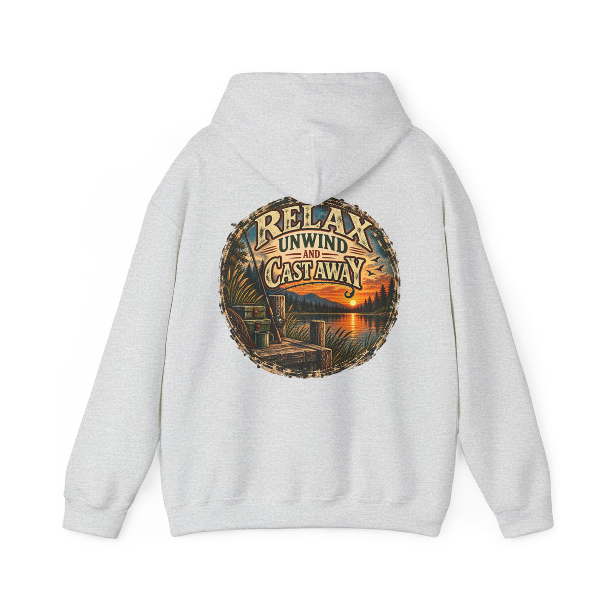 Relax, Unwind & Cast Away Back Print Hoodie – Vintage Fishing Hoodie