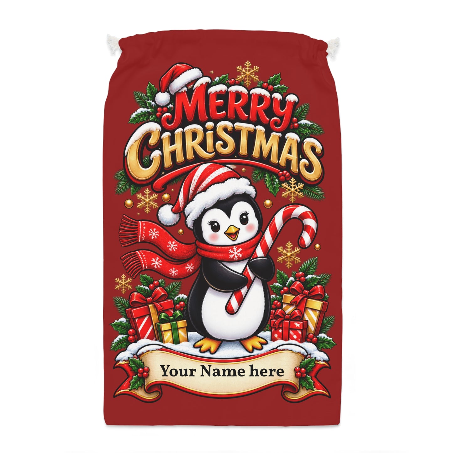Personalised Penguin Christmas Gift Sack – Merry Christmas Santa Sack