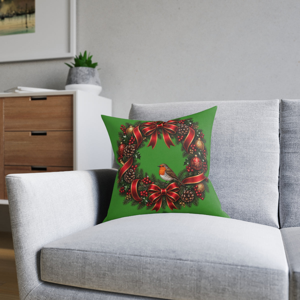 Christmas Wreath & Robin Faux Suede Cushion – Festive Christmas Cushion