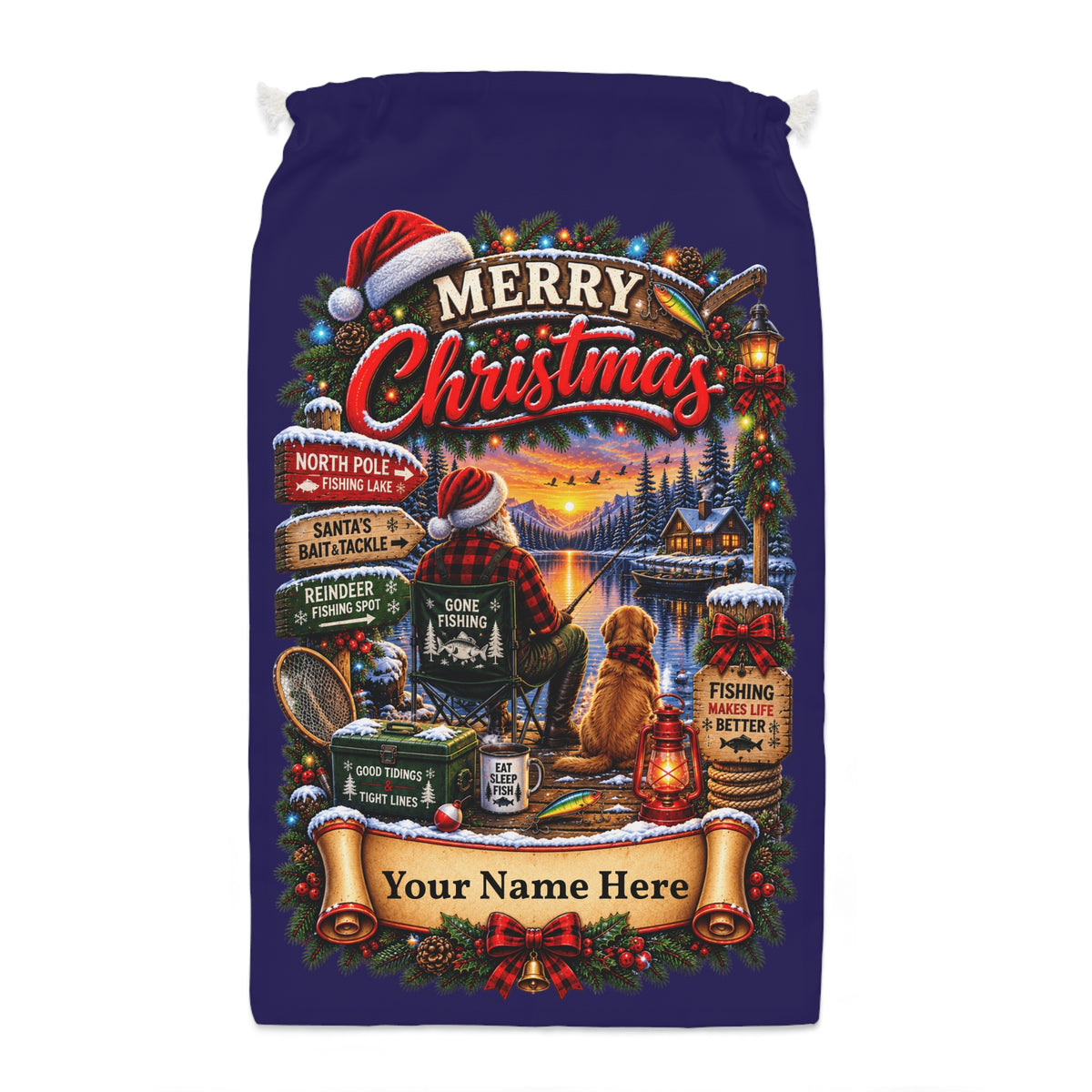 Personalised Christmas Fishing Gift Sack – North Pole Fishing Lake