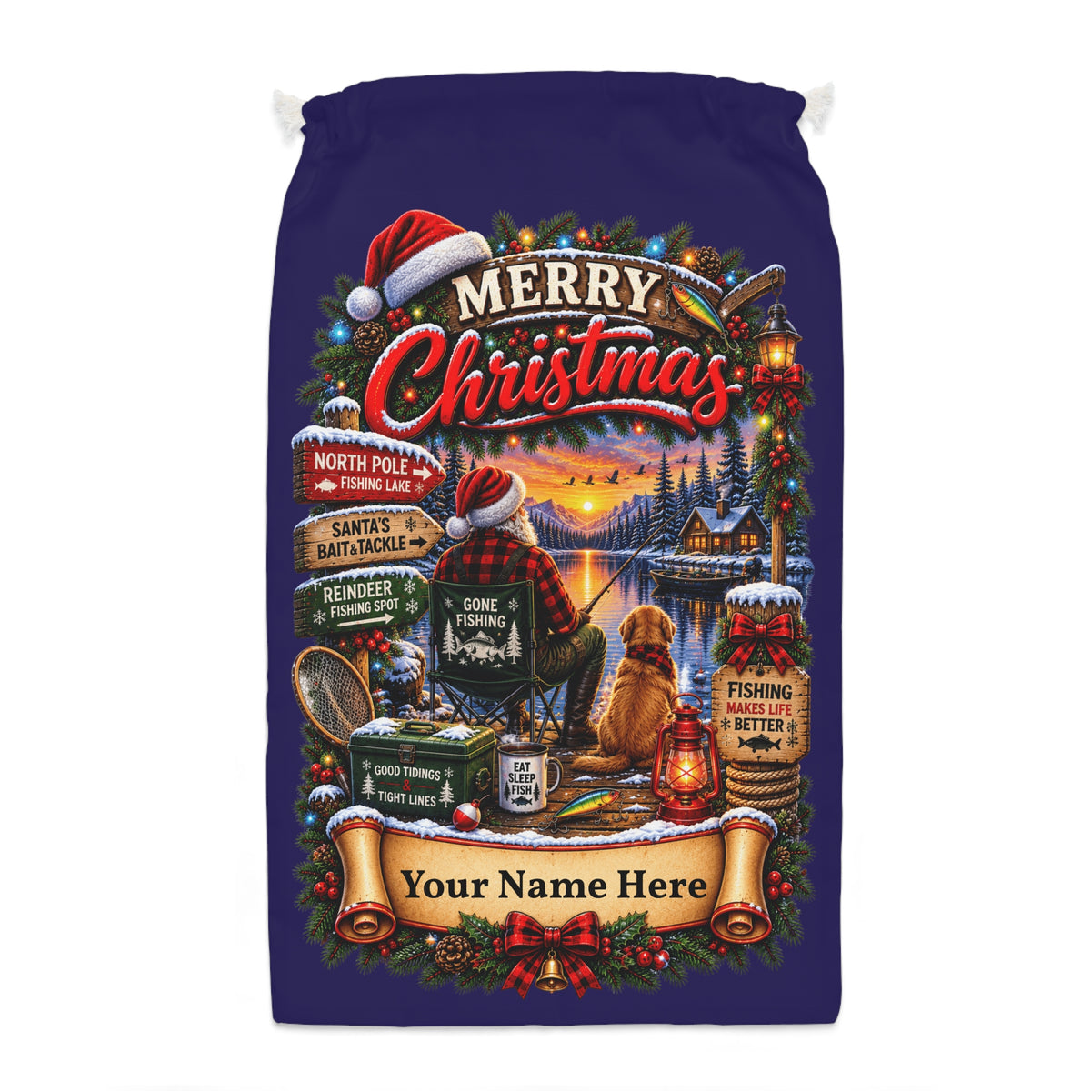 Personalised Christmas Fishing Gift Sack – North Pole Fishing Lake