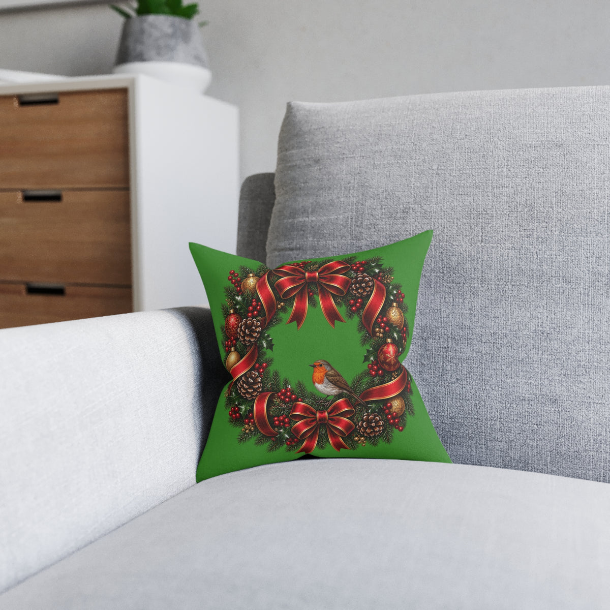 Christmas Wreath & Robin Faux Suede Cushion – Festive Christmas Cushion