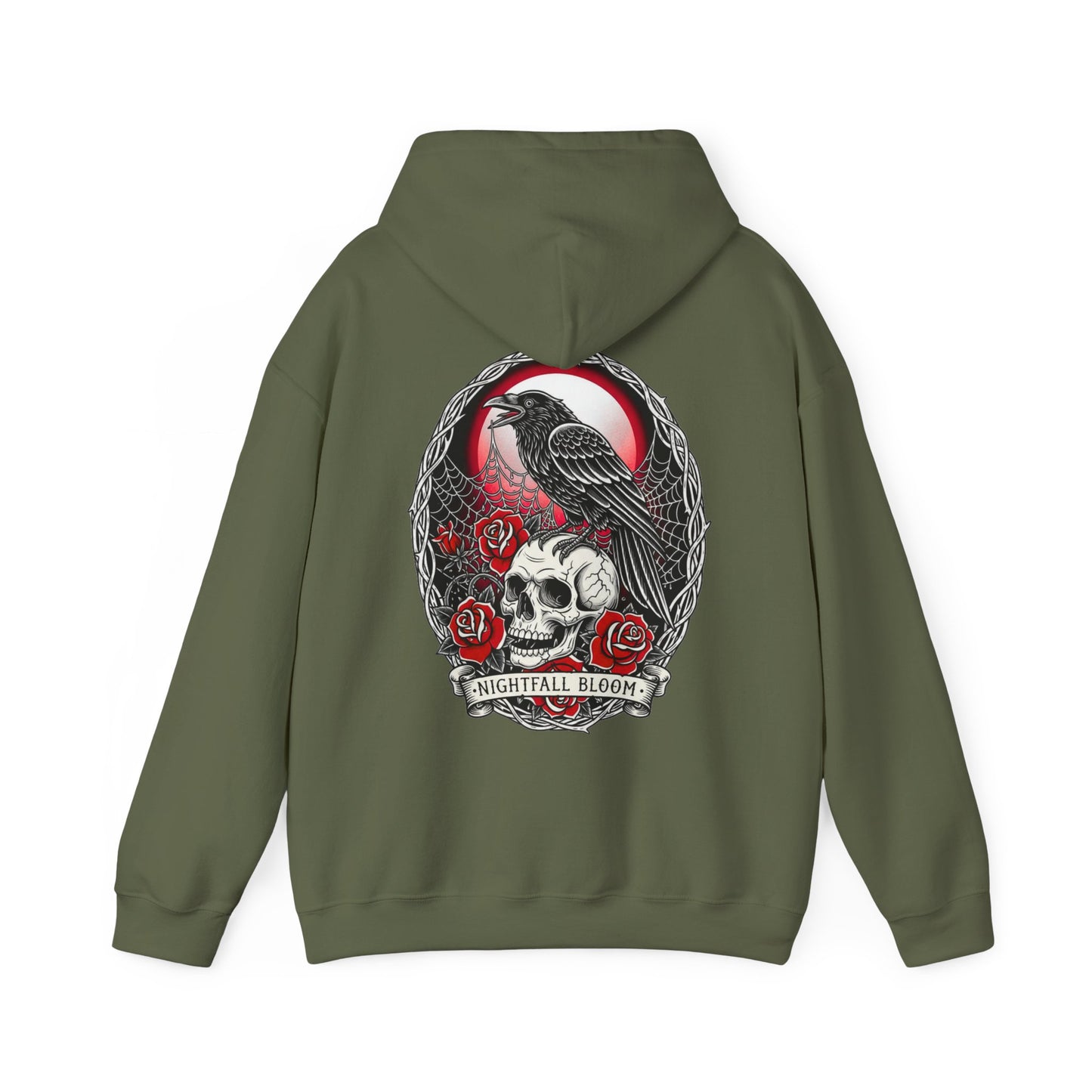 Nightfall Bloom Gothic Hoodie – Raven, Skull & Red Rose Halloween Hoodie