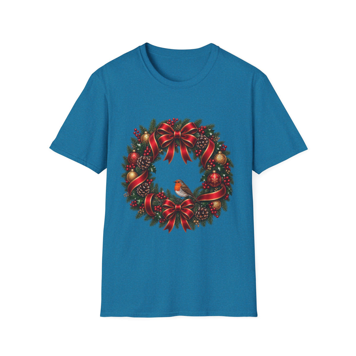 Christmas Wreath & Robin T-Shirt – Festive Botanical Tee