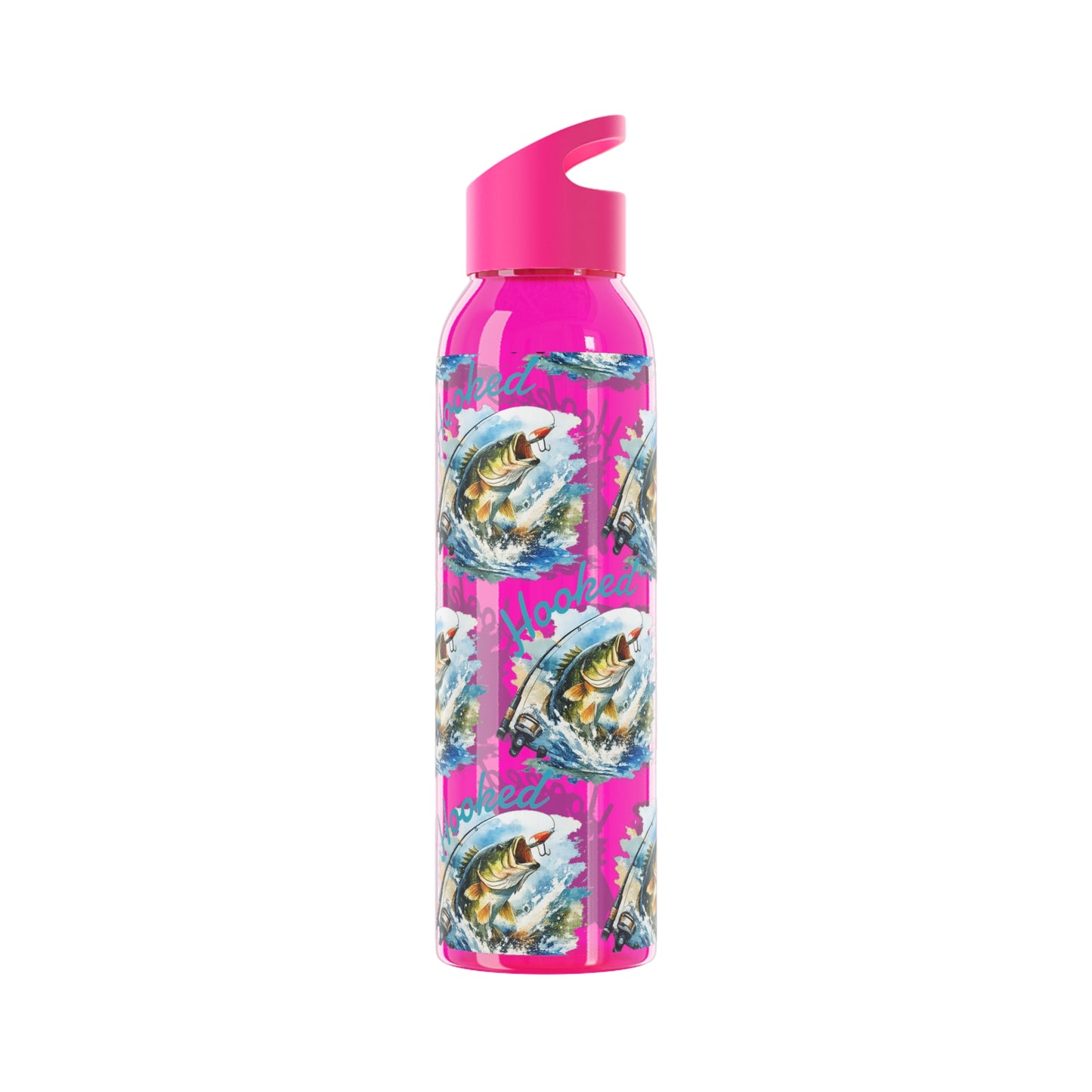 Bouteille d'eau graphique de pêche, poisson accroché, éclaboussures, bouteille de boisson